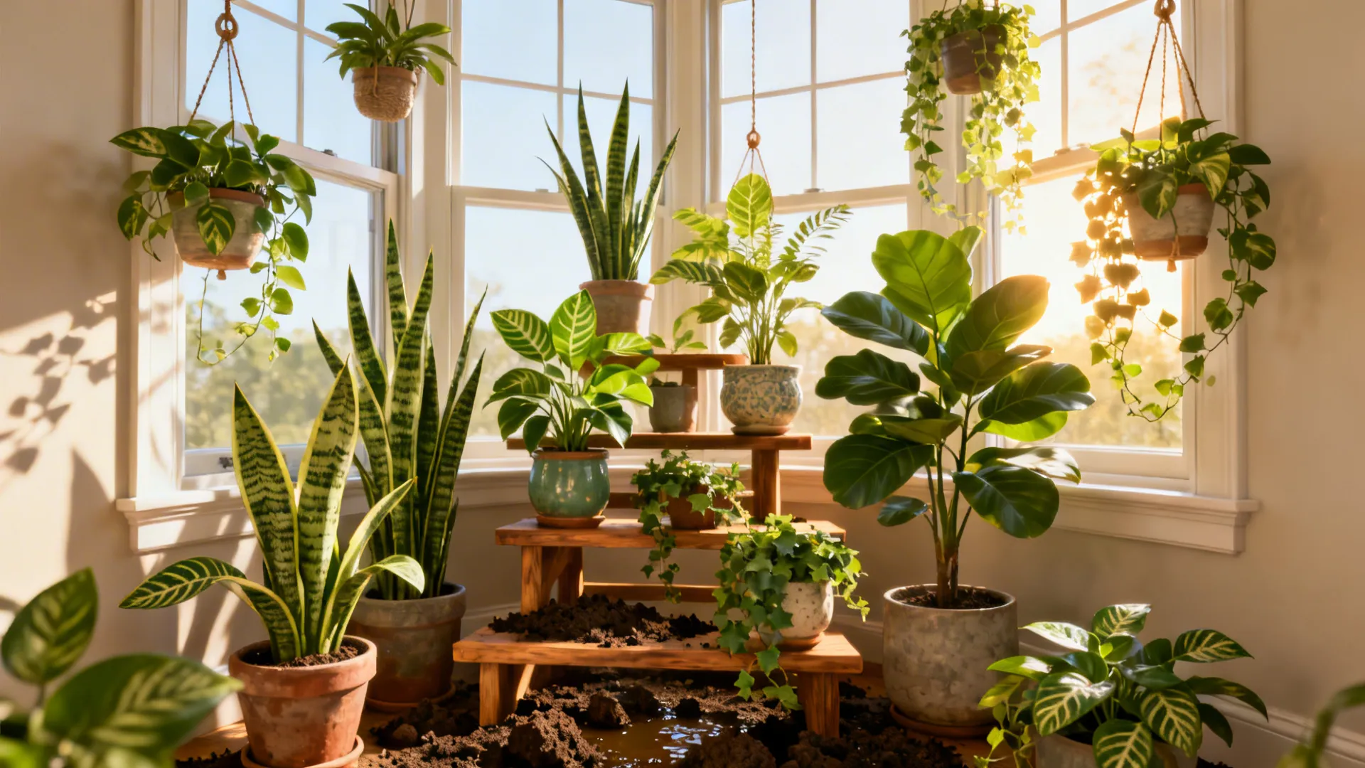 Sunlit bay window with tiered plant stands and hanging pots, mixing architectural and trailing plants.
