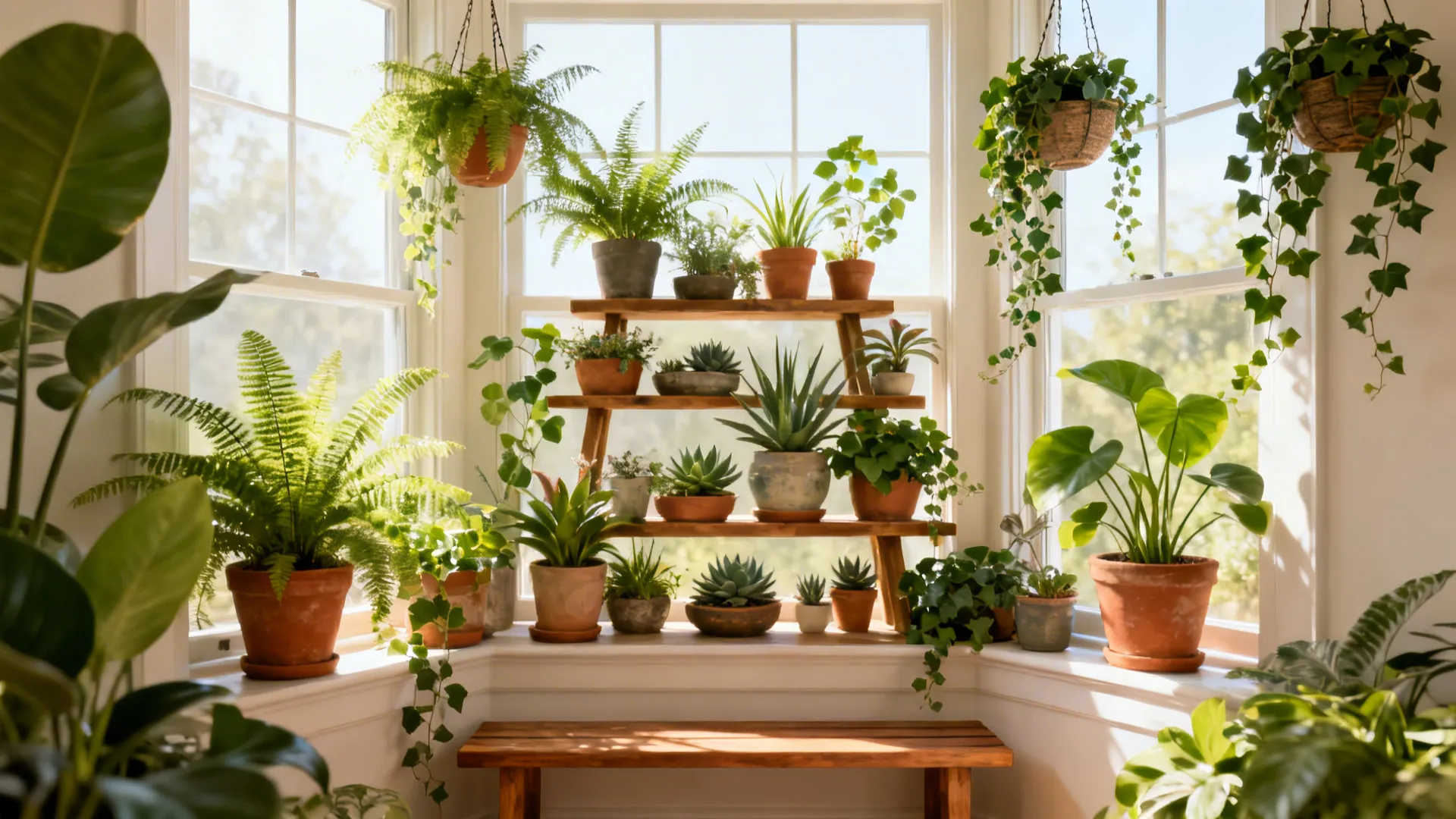 Sunlit bay window filled with many green potted plants on wooden shelves and hanging pots