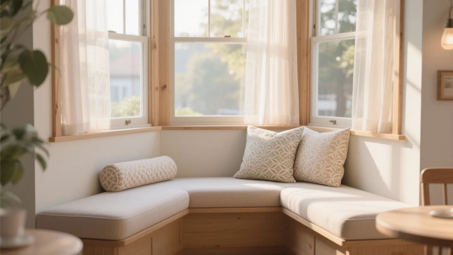 Bay Window Seat with Layered Cushions and Light