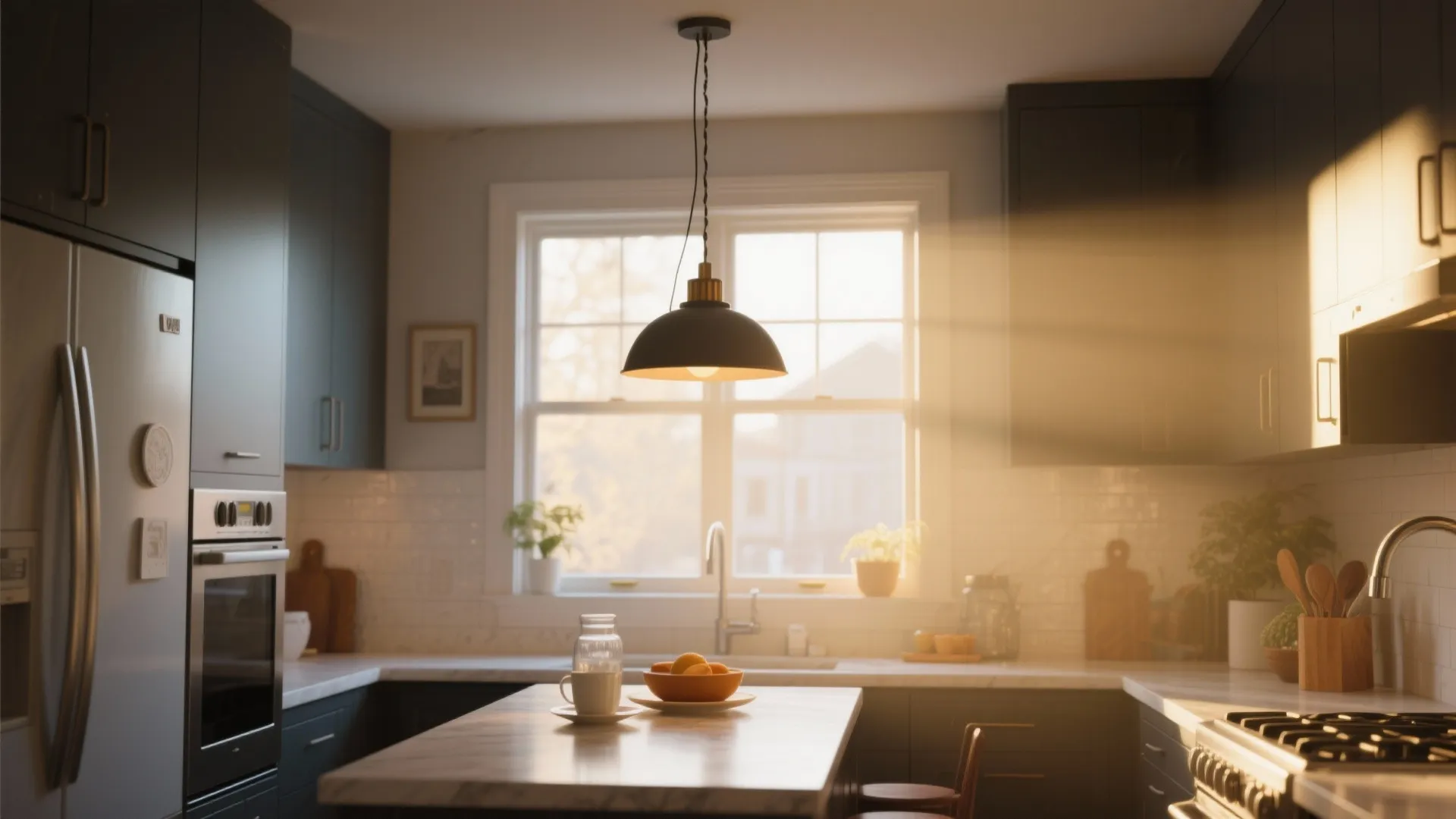Modern kitchen with dark cabinets marble island black ceiling light and natural sunlight from windows