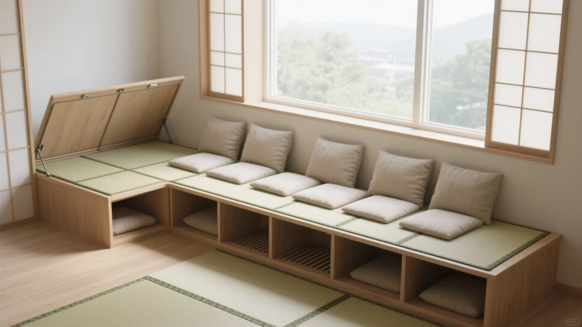 Raised tatami platform in a window bay with hidden storage and soft daylight