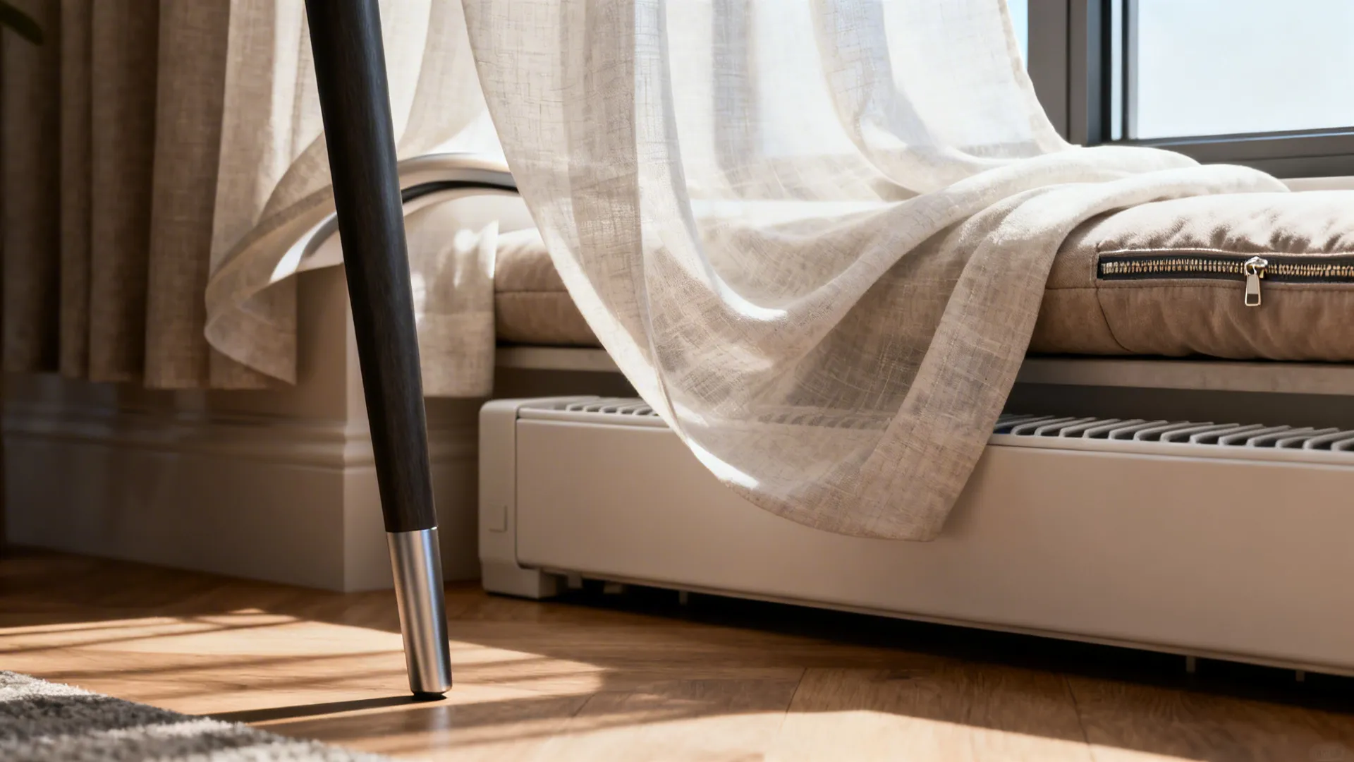 Close-up of bay window details: slim furniture leg, lightweight curtain fabric, and removable cushion cover.