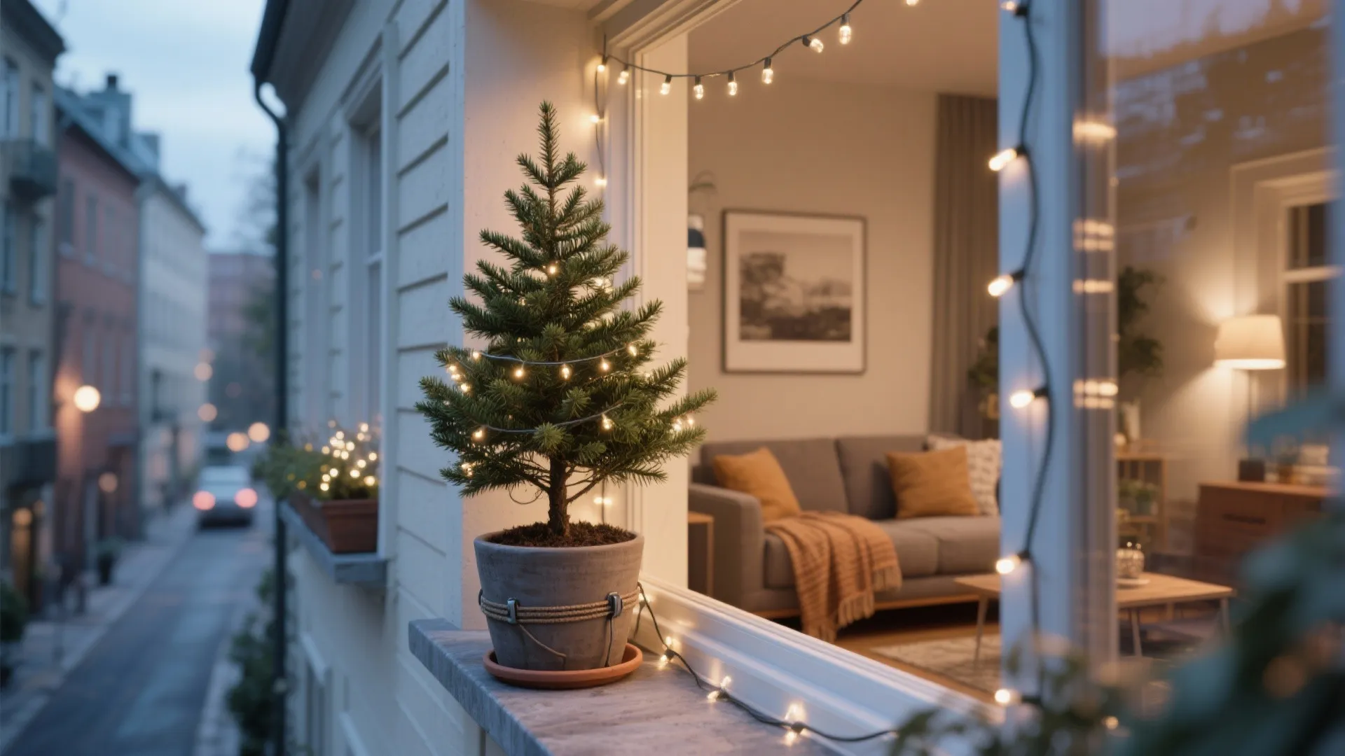 Small potted Christmas tree with lights on a window ledge overlooking a cozy living room