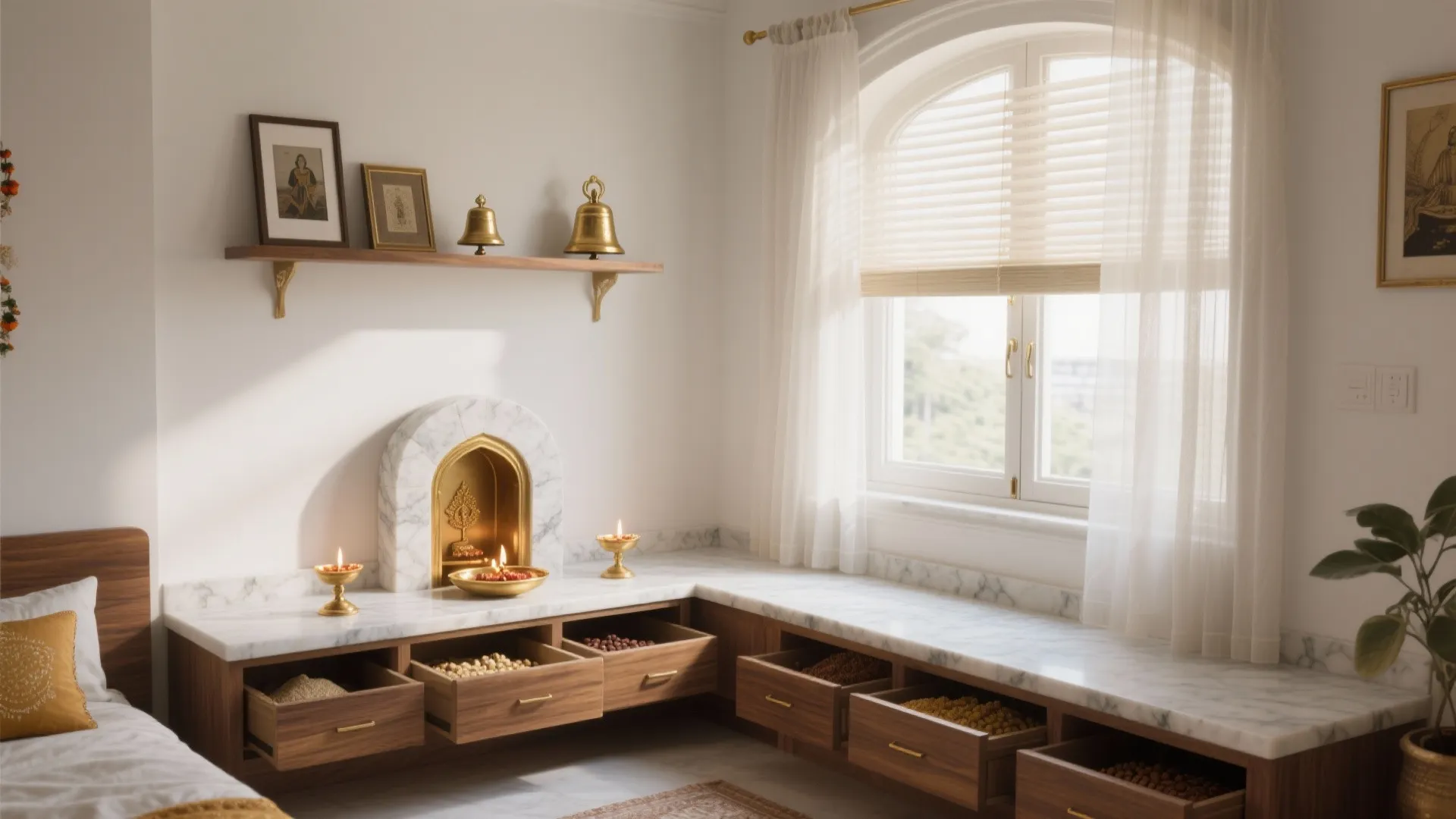 Bay-window altar with layered storage