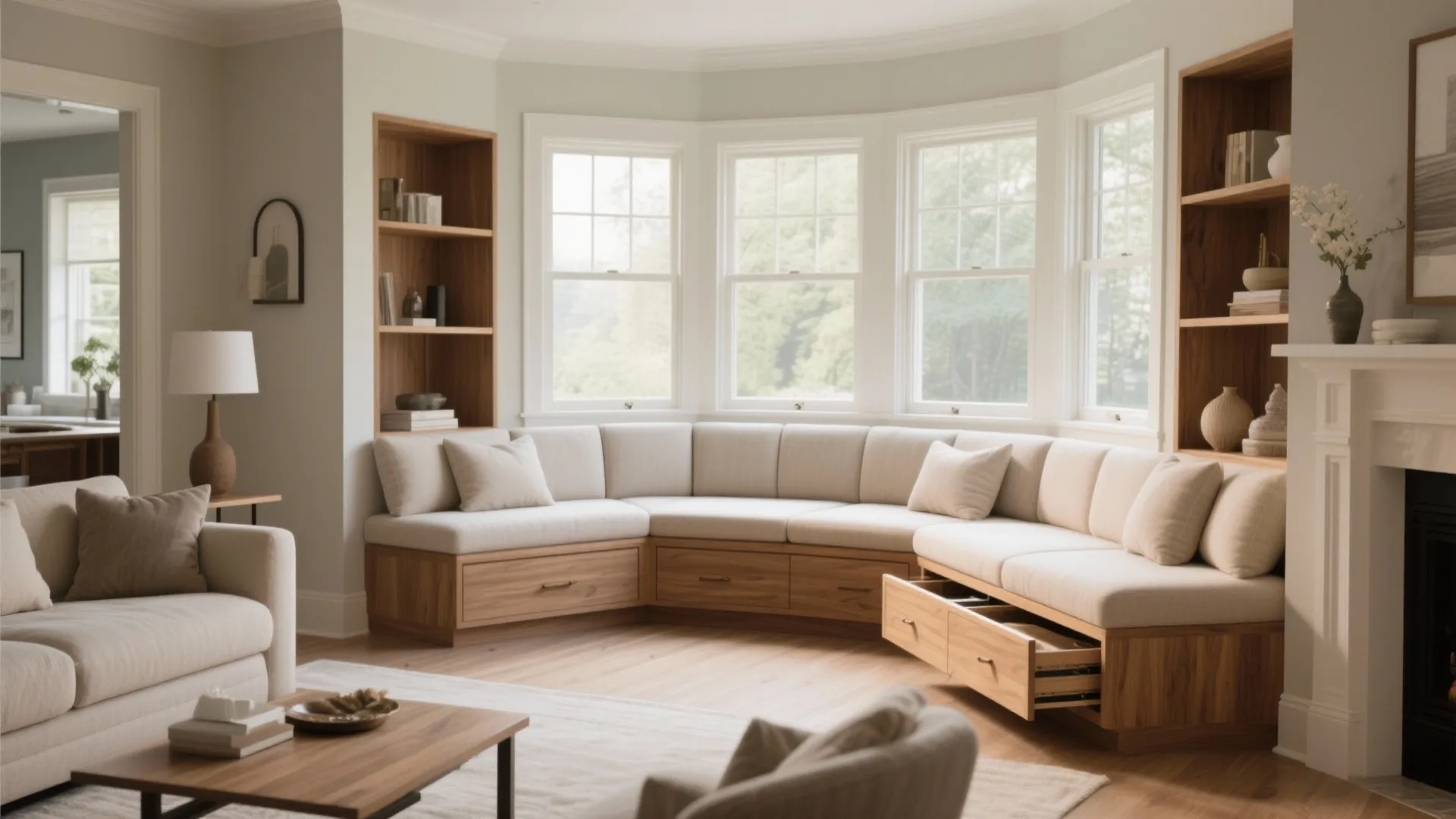 Wooden bay window seat with white cushions and storage drawers next to tall open bookshelves