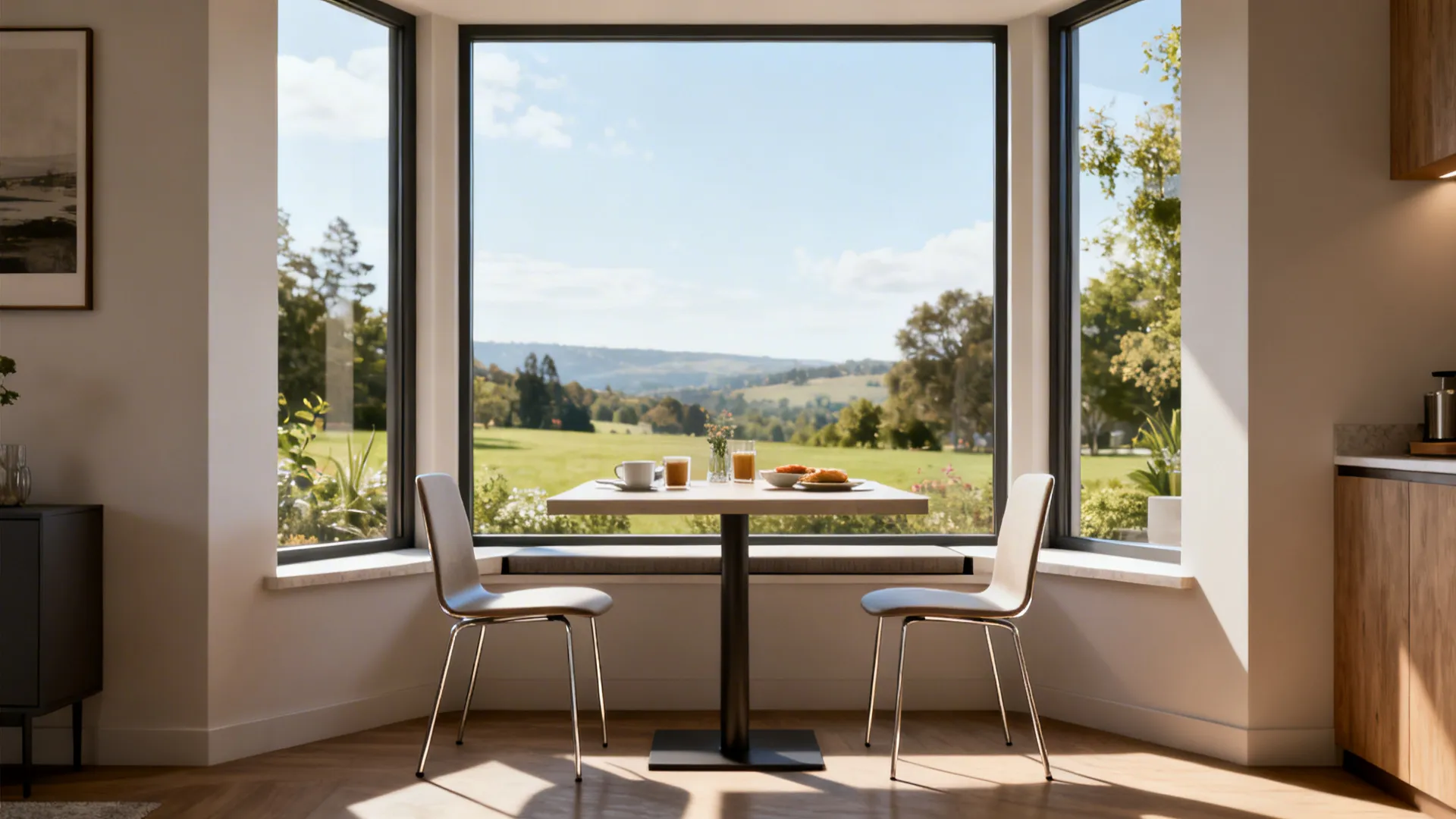 Bright dining area with table and chairs set against a large window overlooking green landscape