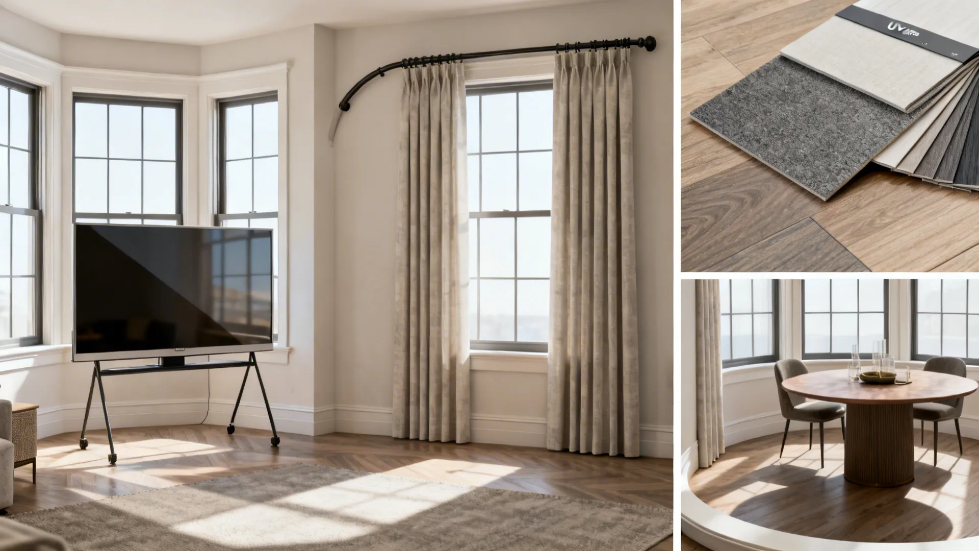 Collage of bay window solutions: anti-glare TV setup, curved curtain track, flooring samples and dining nook.