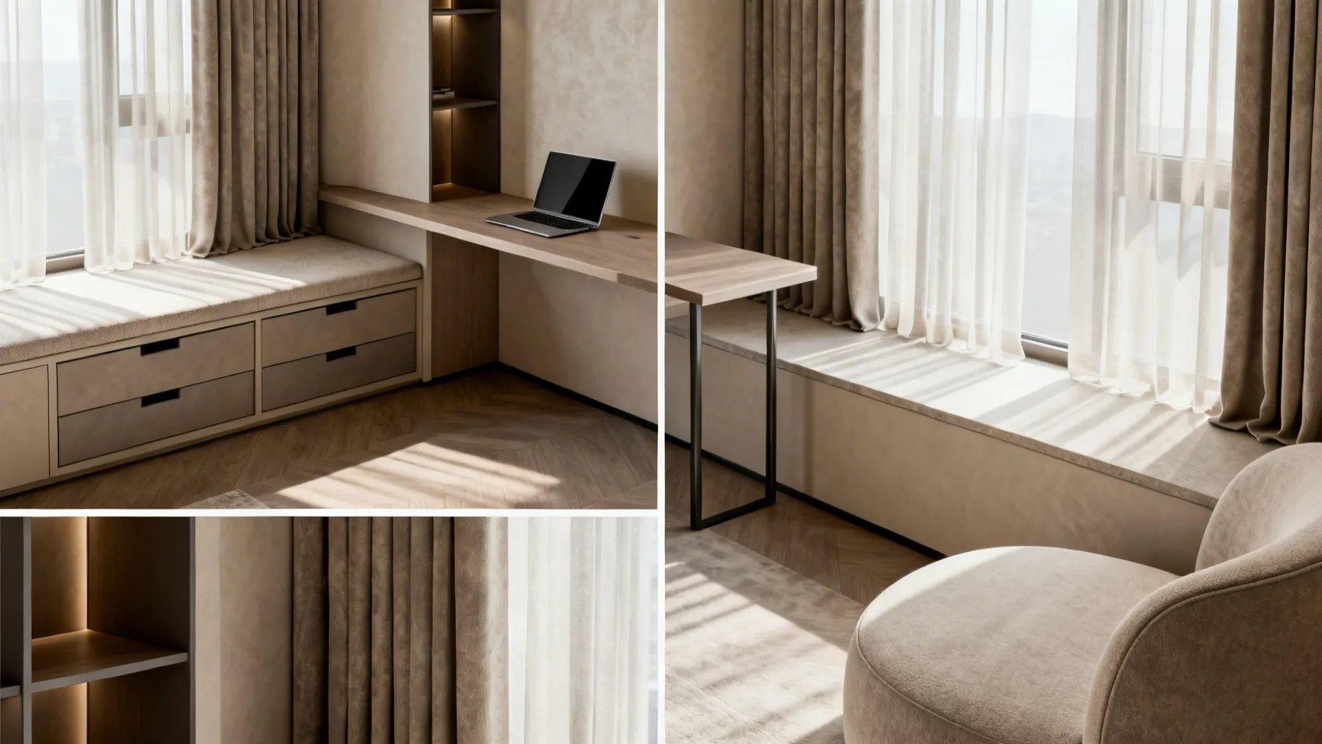 Collage of bay window solutions: bench storage, slim desk, layered curtains and curved seating