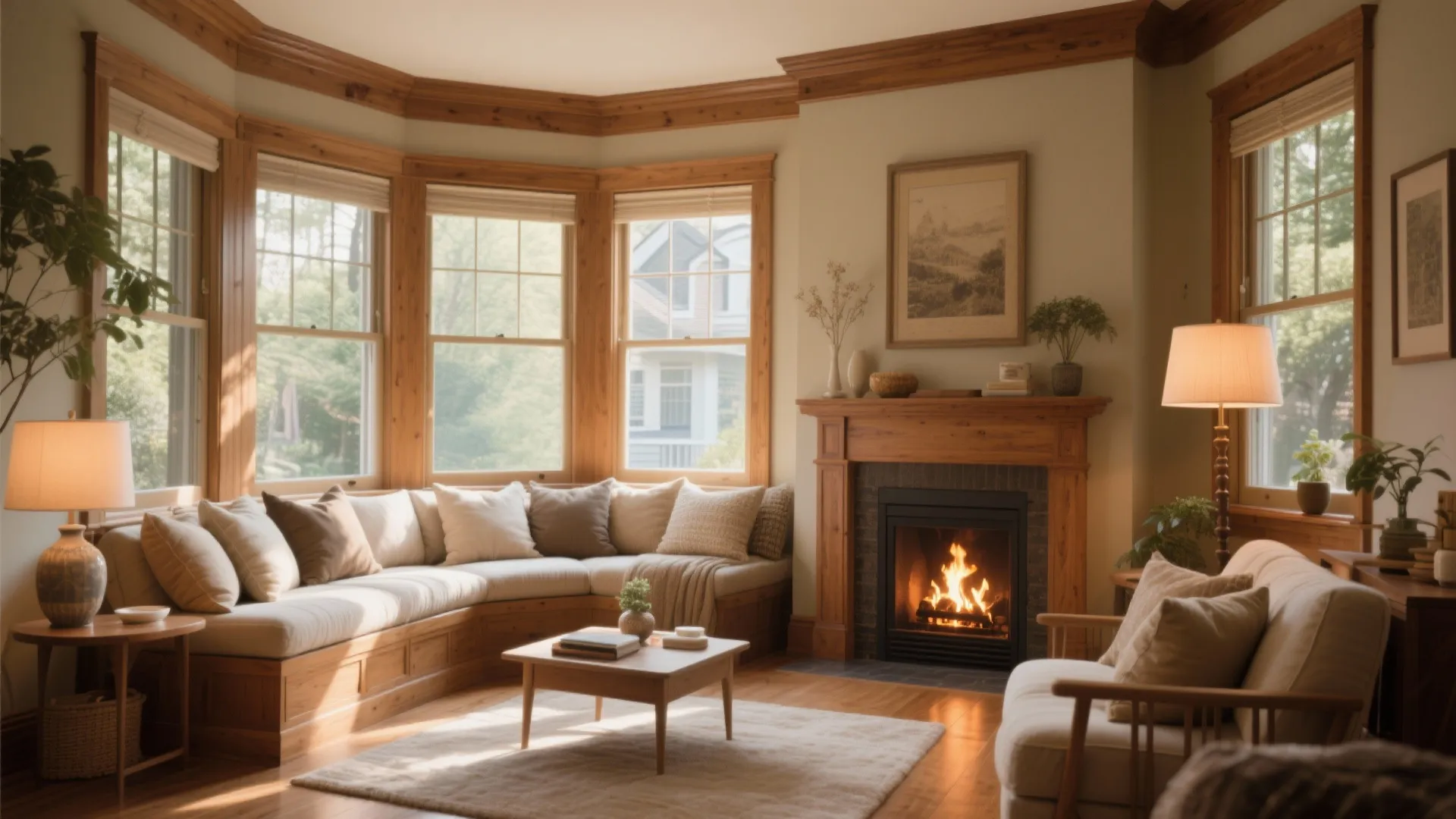 Cozy living room with bay windows wood fireplace cream sofa coffee table and warm natural light