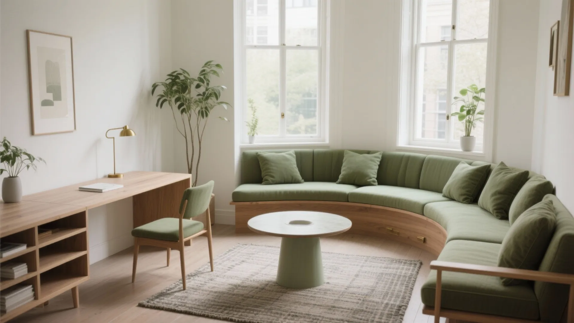 Modern living room with curved green sofa, round coffee table, wooden desk, and two windows
