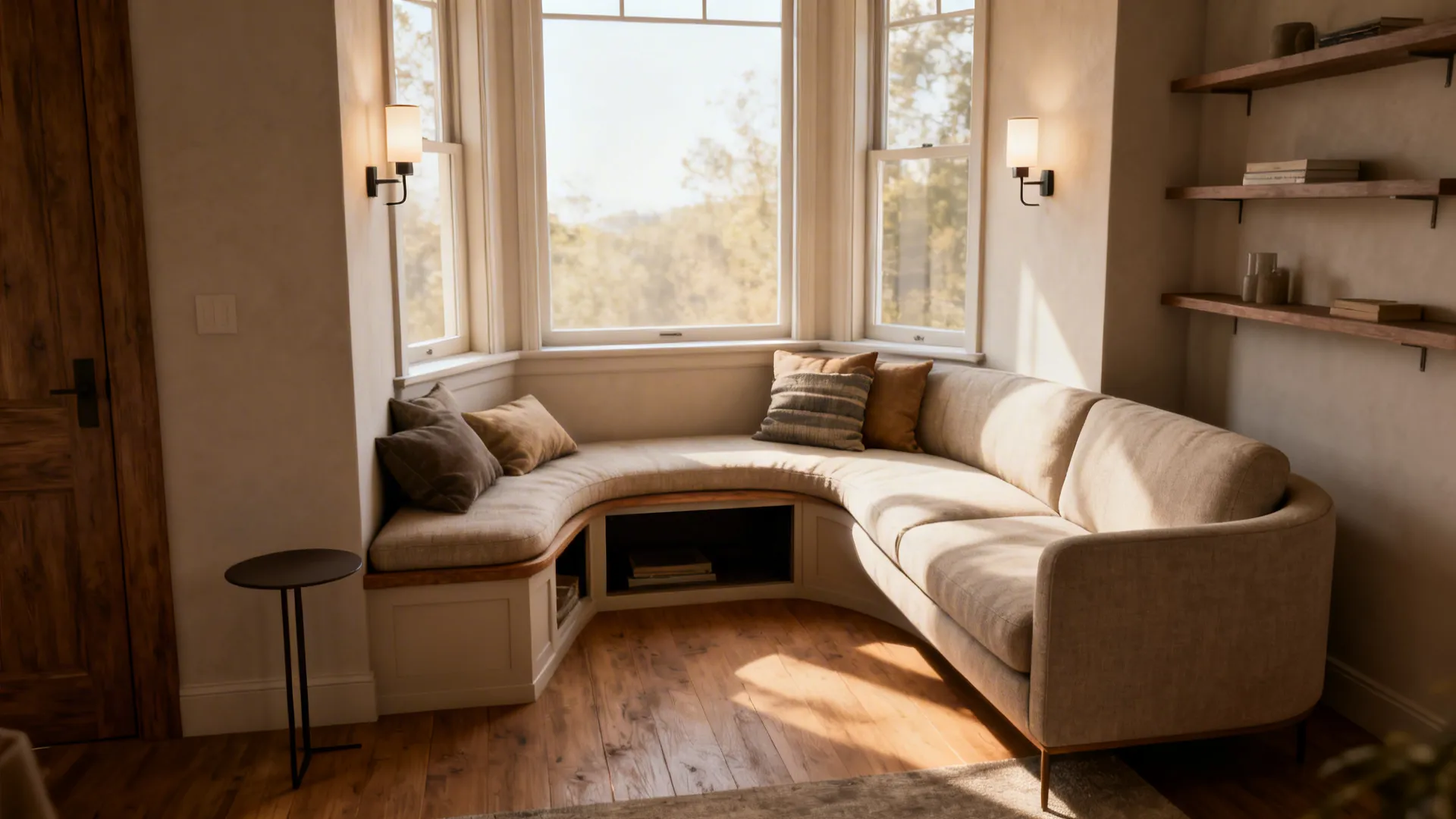 Cozy window seat with beige sofa cushions wall lights wooden floor and built-in storage shelves