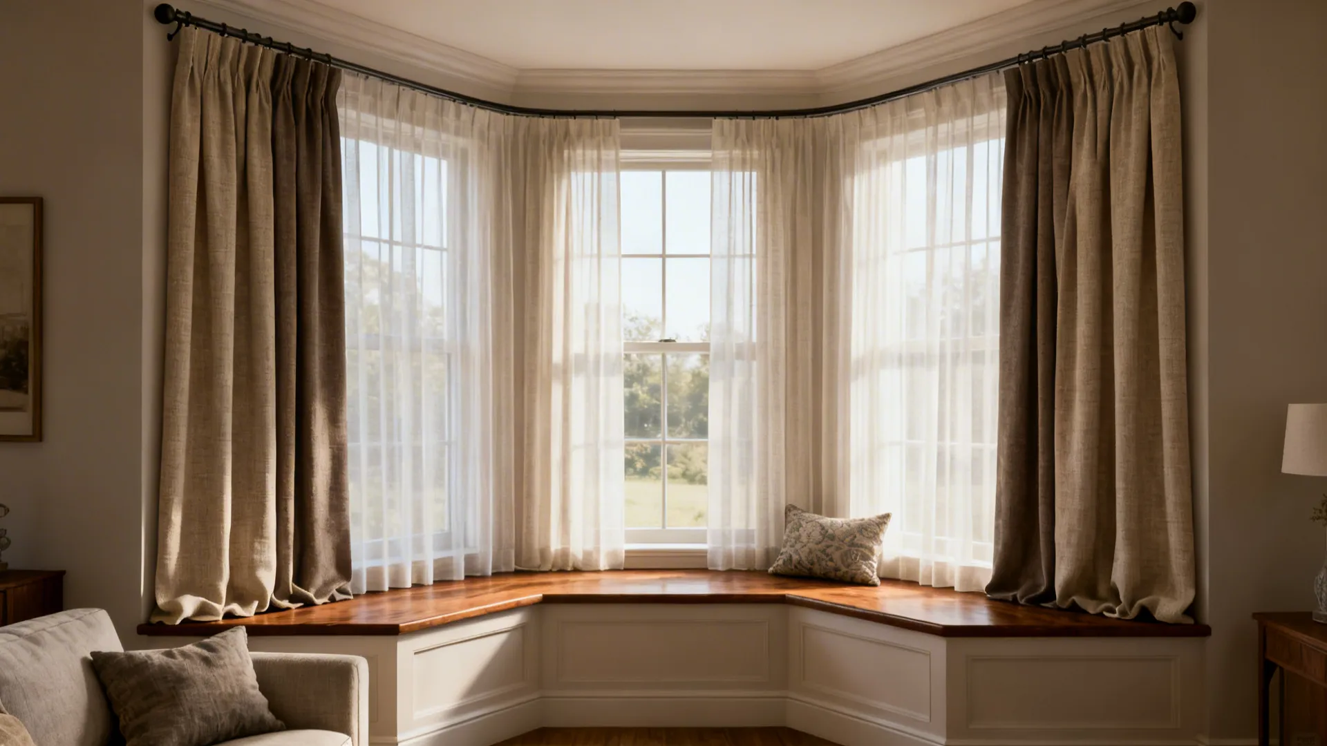 Large bay window with brown curtains white sheer drapes wooden window seat and one pillow