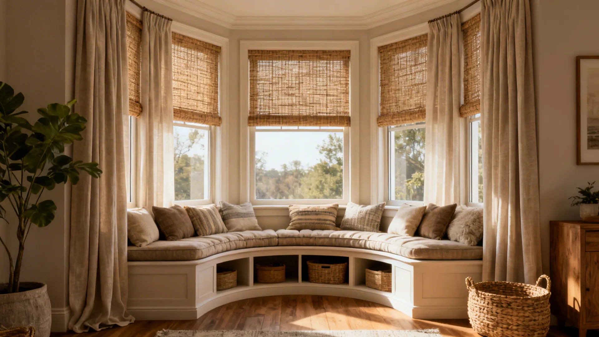 Cozy window seat with beige cushions and woven shades near a green plant in light
