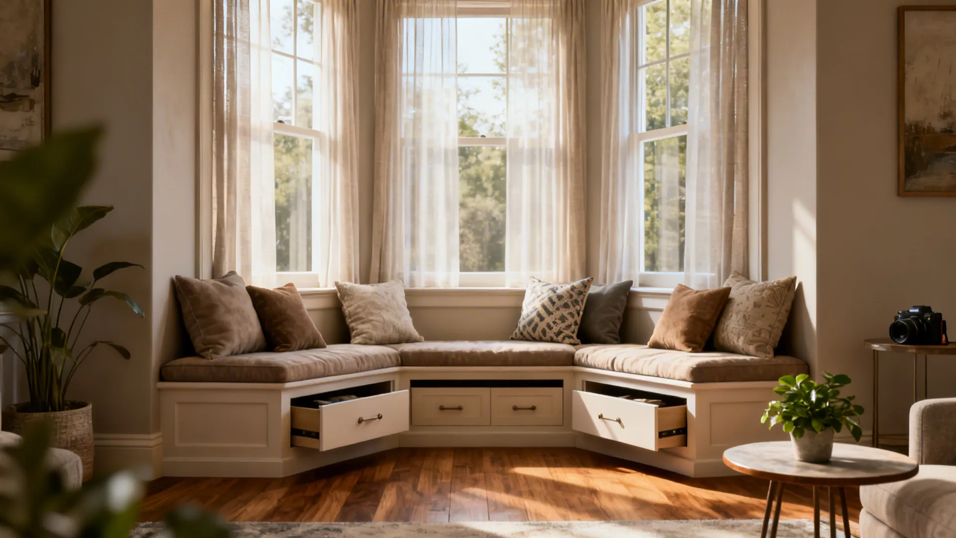 White built-in bay window seat with open storage drawers comfy cushions and light brown pillows