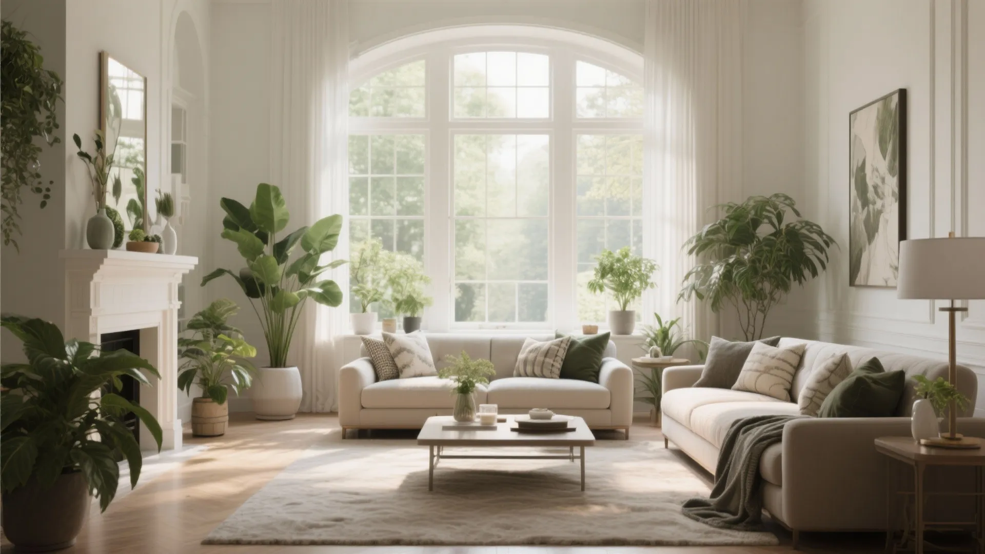Bright living room with white sofas a large arched window many green plants and fireplace