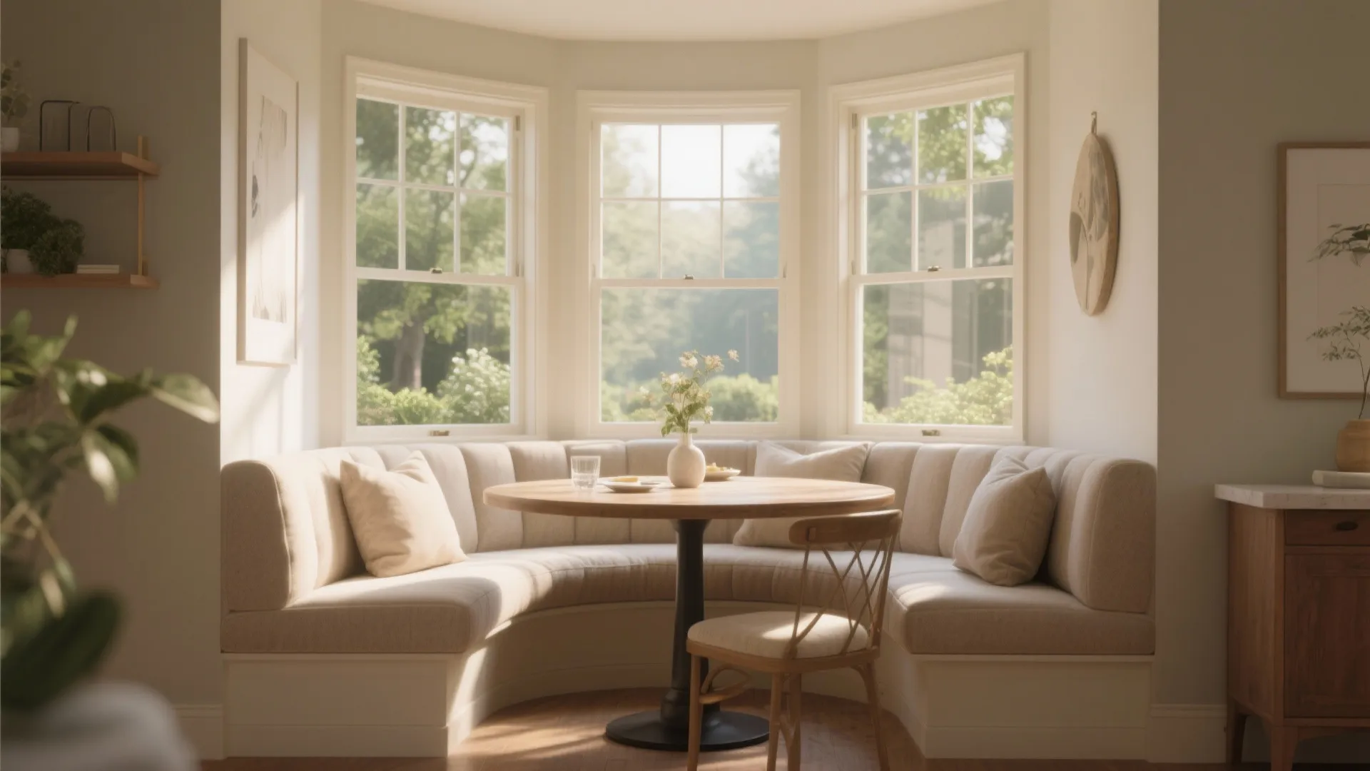 Cozy dining nook in bay window with built-in seating