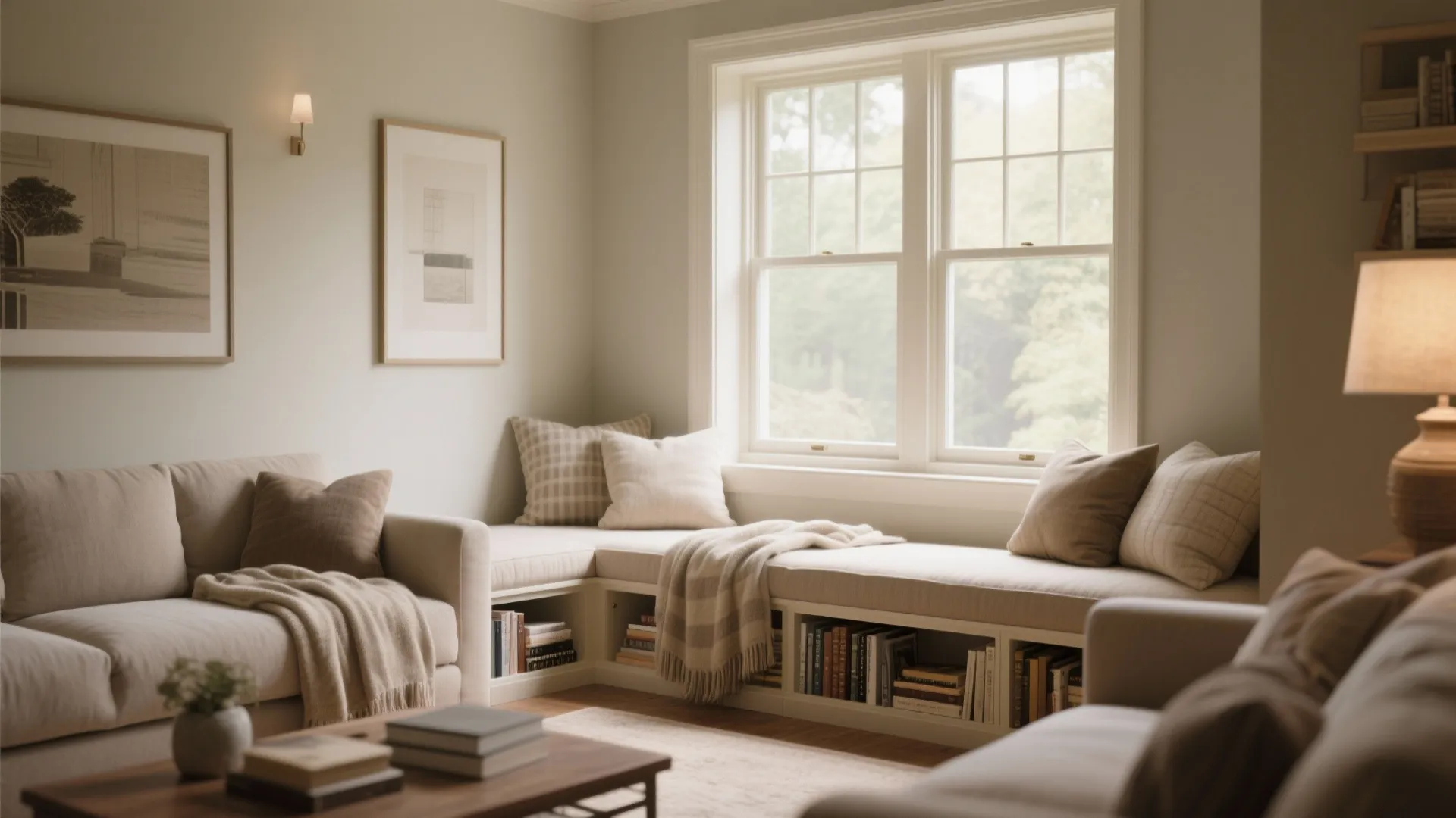 Cozy seating area by windows with a bench pillows and storage shelves for many books