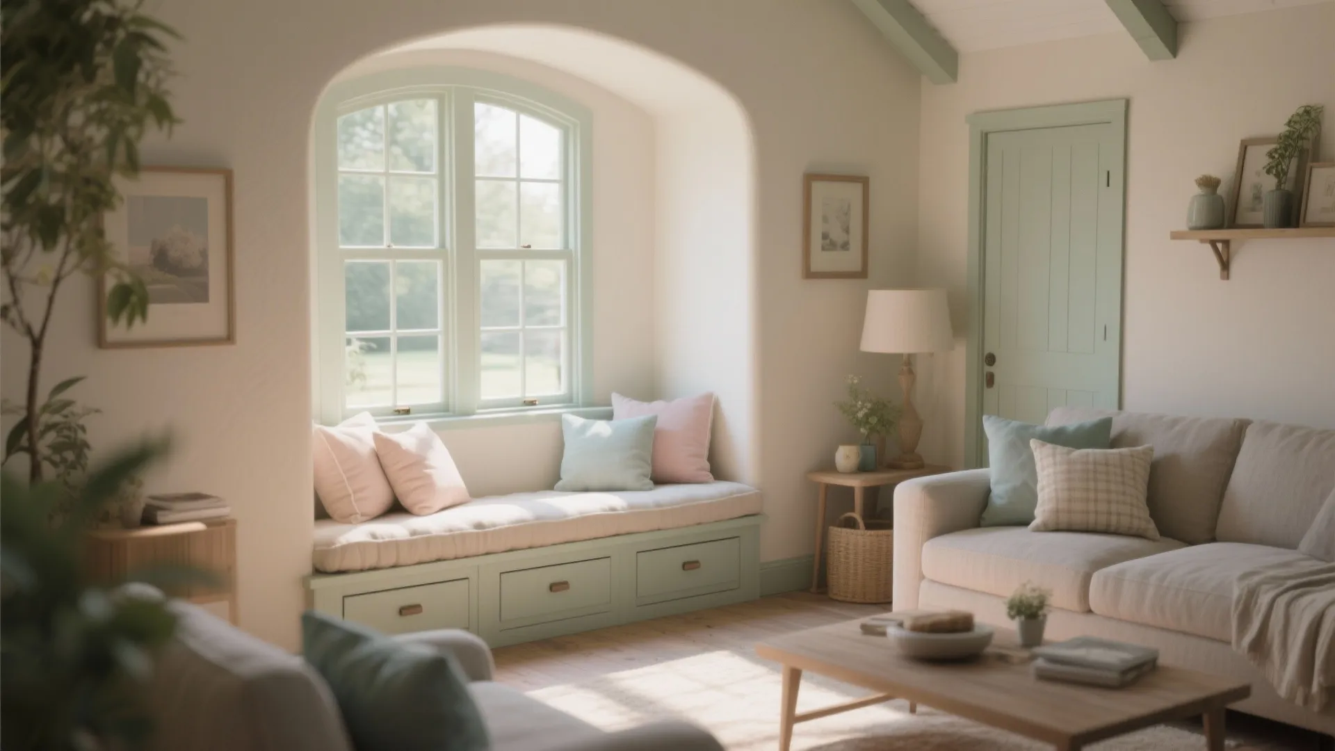 Cozy window seat with light green drawers and pink cushions in a bright living room interior
