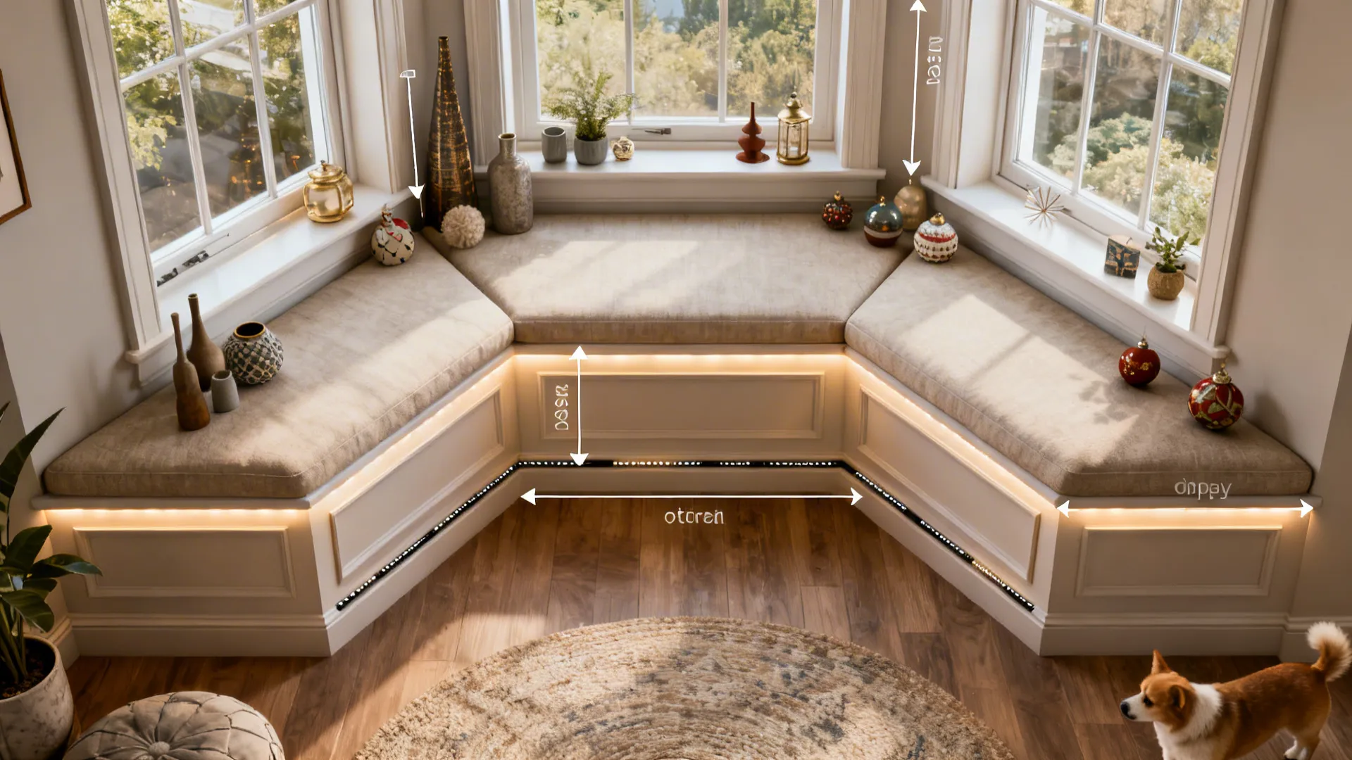 Top-down planning diagram for bay window decor showing zones, cord paths and measurement notes.