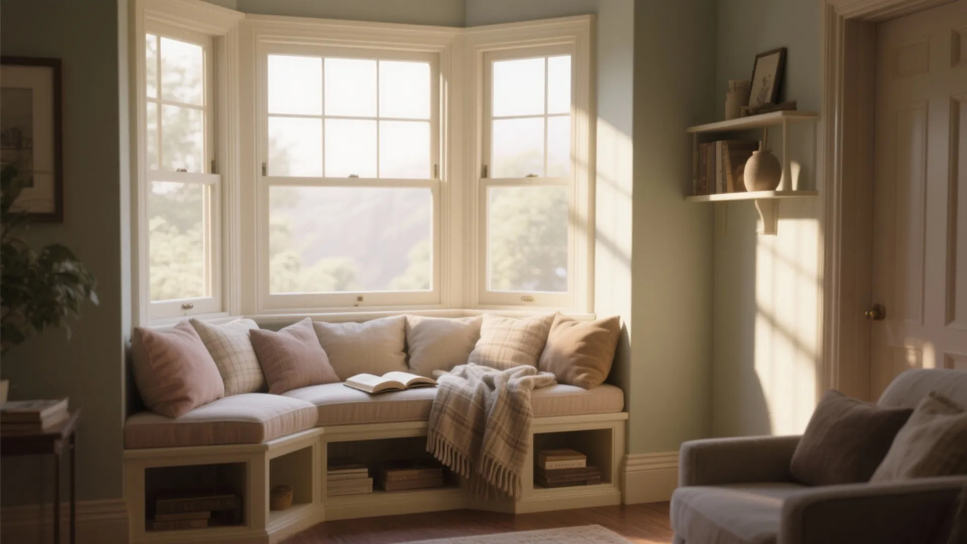 Cozy reading nook by a large window with white seating cushions pillows and warm sunlight