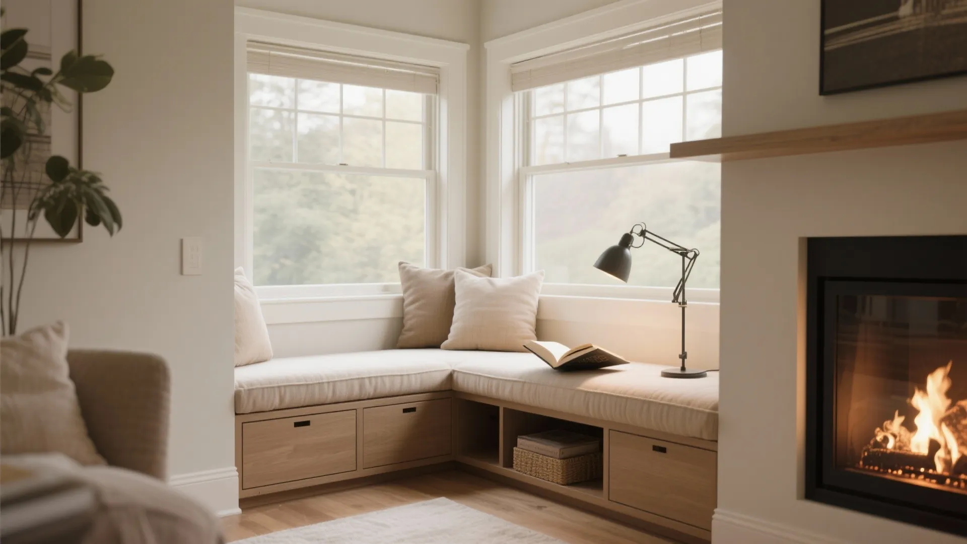 Cozy corner window seat featuring wooden storage drawers, beige cushions, black lamp and an open book
