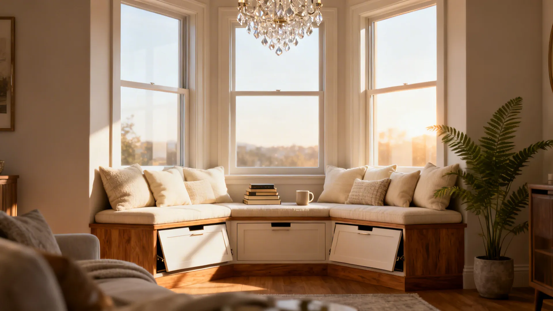 Cozy bay window reading nook with built-in bench, cushions, books, mug, ceiling light, and plant
