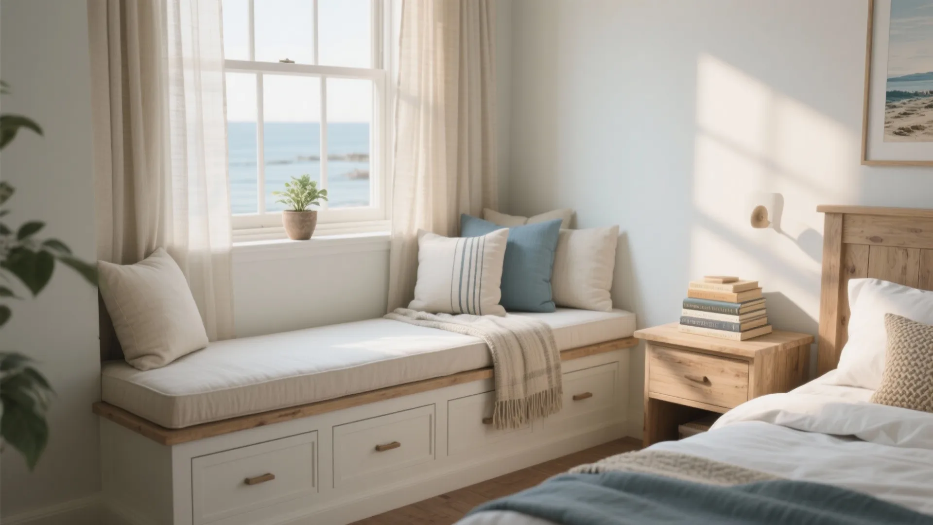 White built-in window seat with storage drawers, blue pillows, white curtains, and beautiful ocean view