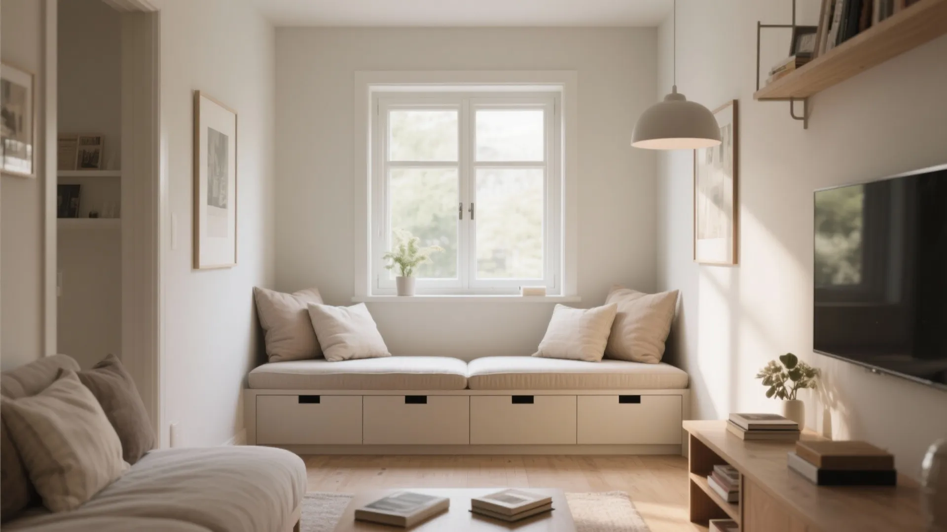 Comfortable white window seat with pillows and storage drawers in a bright modern living room
