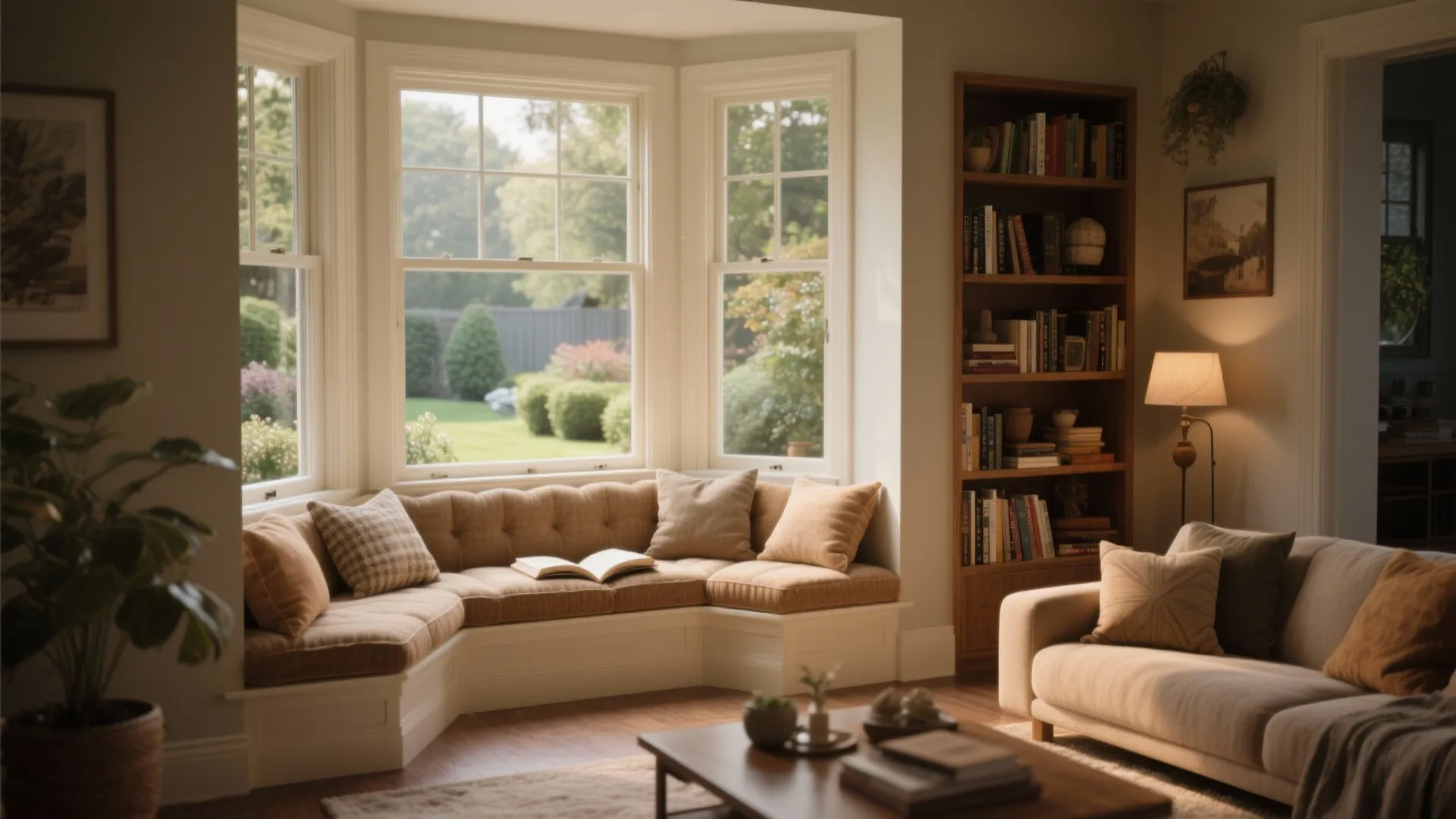 Bay window in a living room with built-in cushioned seating and garden view
