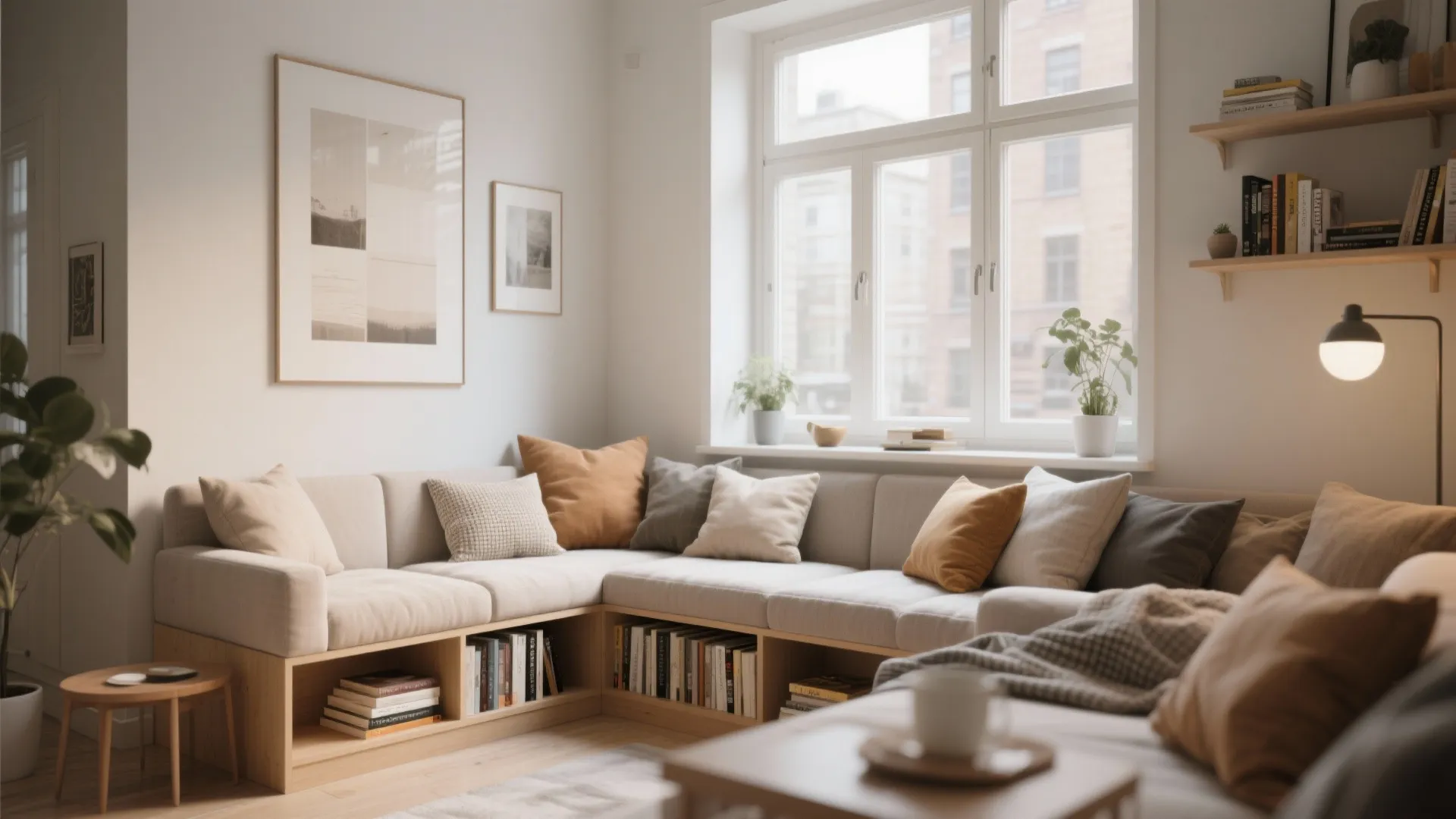 Corner seating area with a large window built-in book storage space and several soft colorful pillows