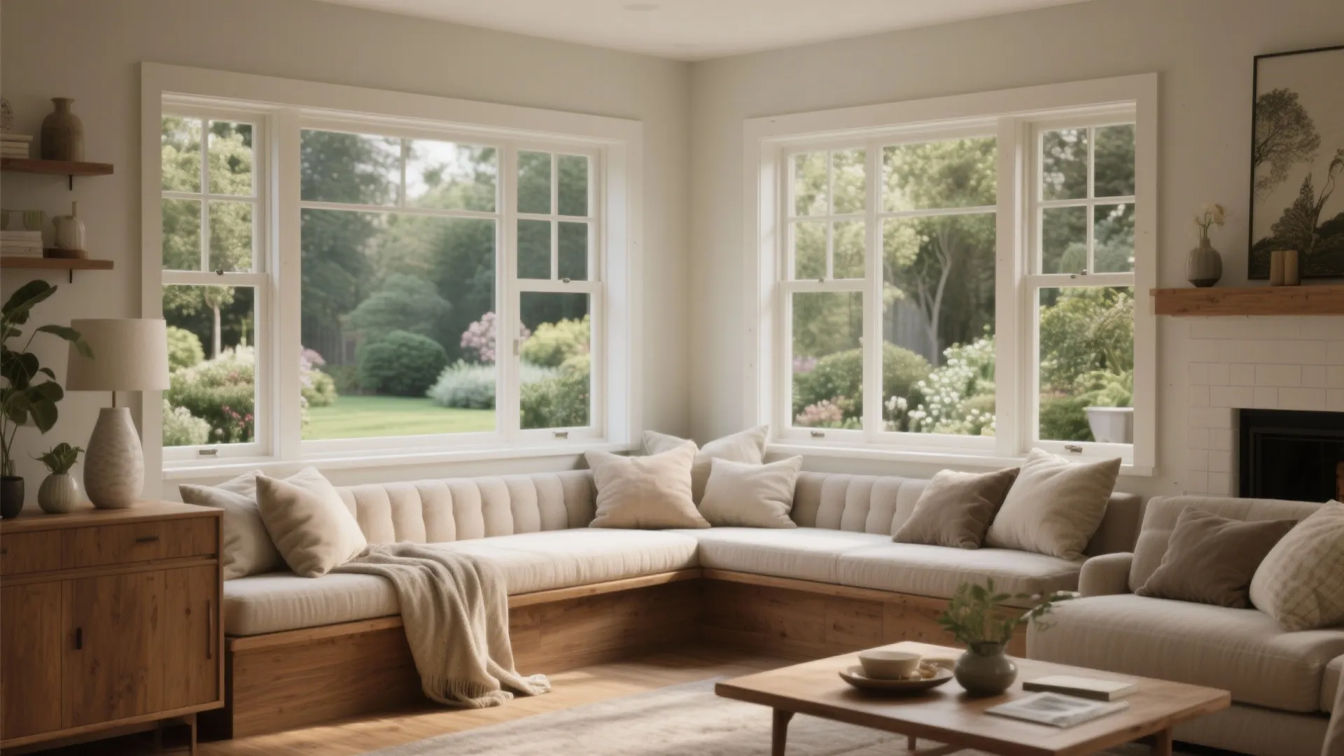 Bright living room with corner window seating area wooden cabinet and garden view through white windows