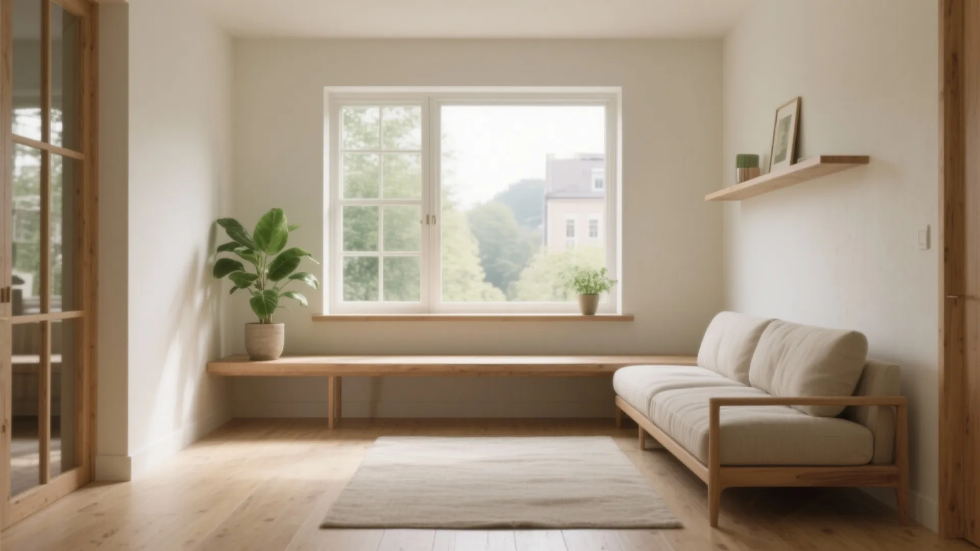 Modern living room with low wooden shelf under window and beige sofa on wood floor