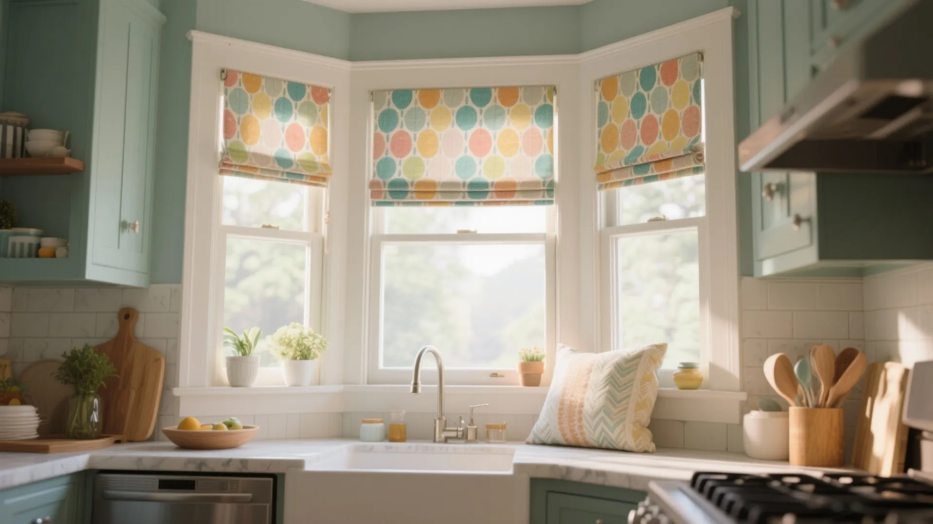 Kitchen sink with colorful pattern curtains over windows featuring green cabinets and a white countertop