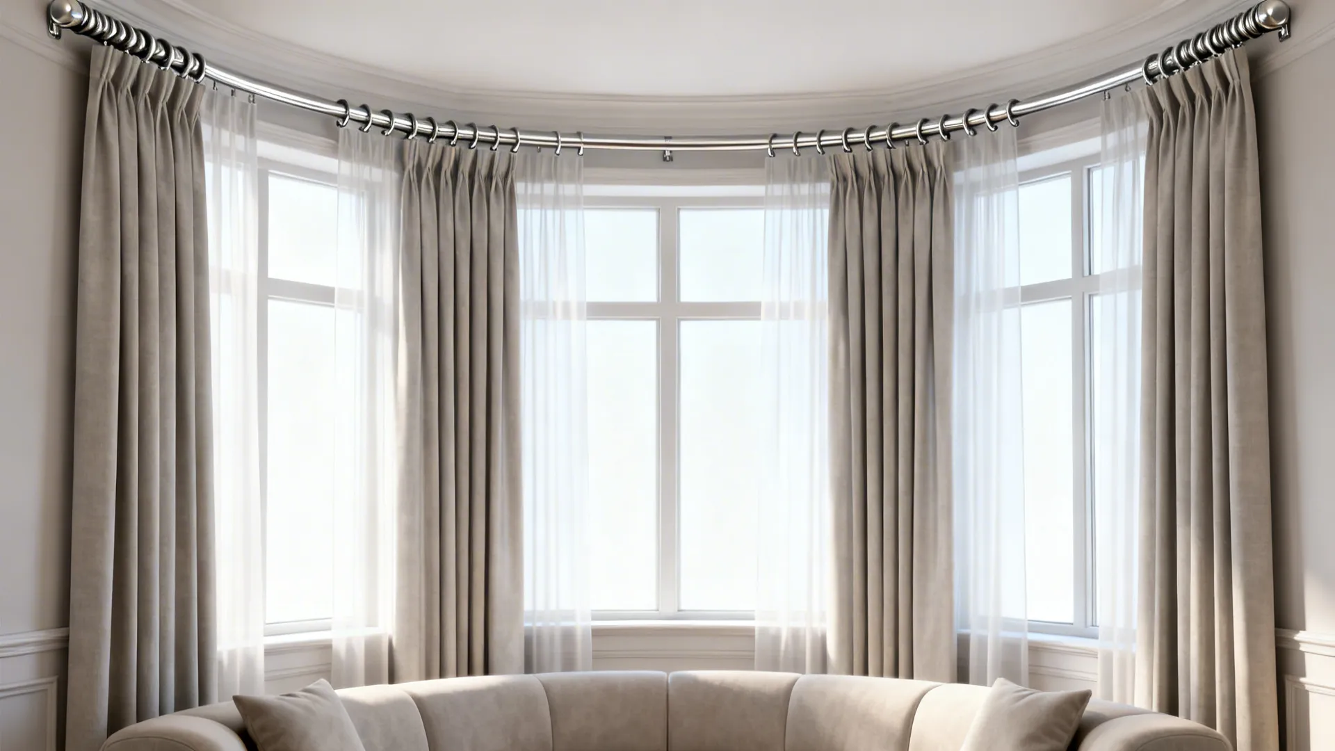Bay window with curved track and twist-on hooks creating a continuous curtain line.