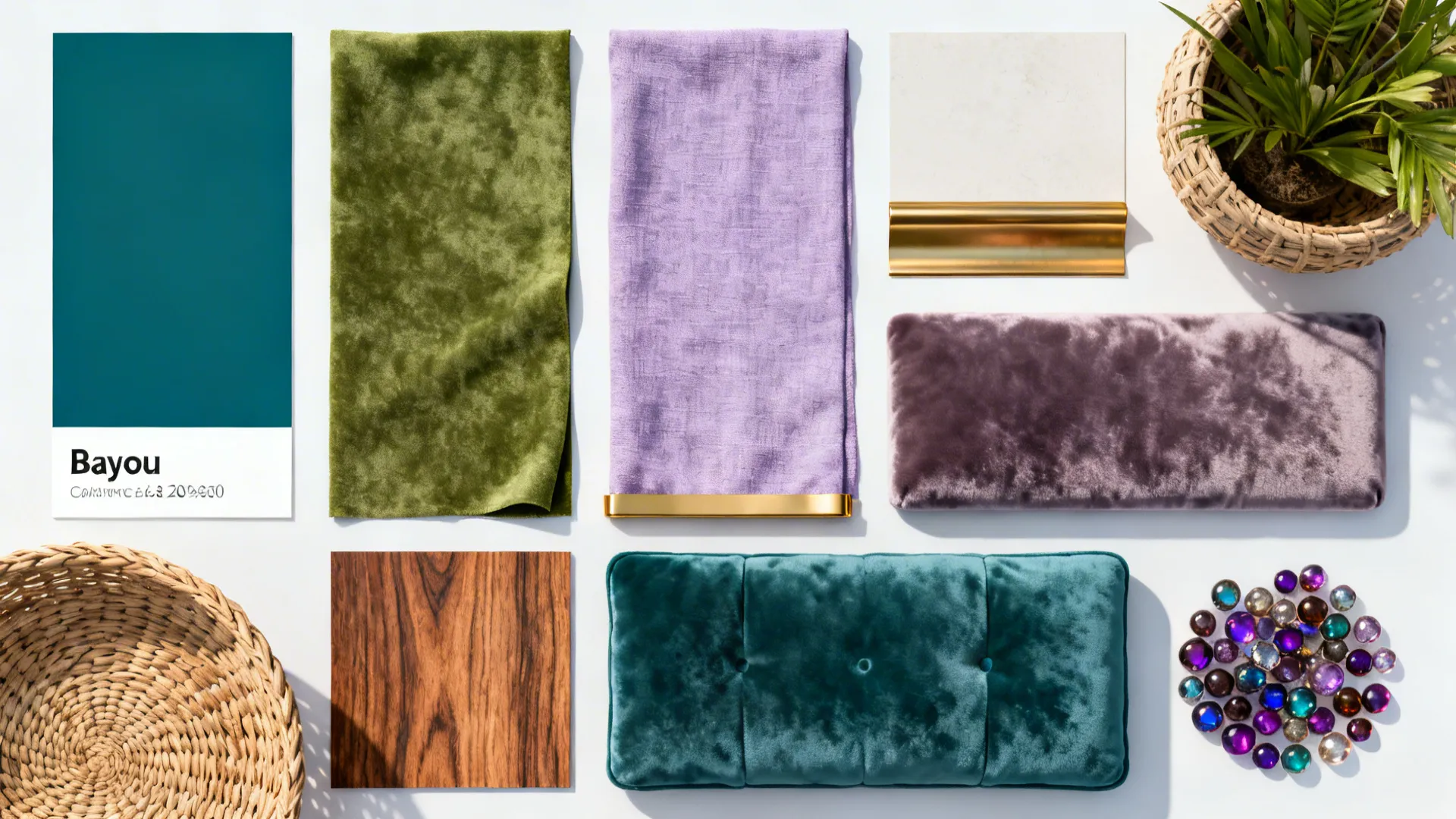 Top-down material board showing deep teal, moss green, soft lavender, warm gold and texture samples for a bayou-inspired bedroom.