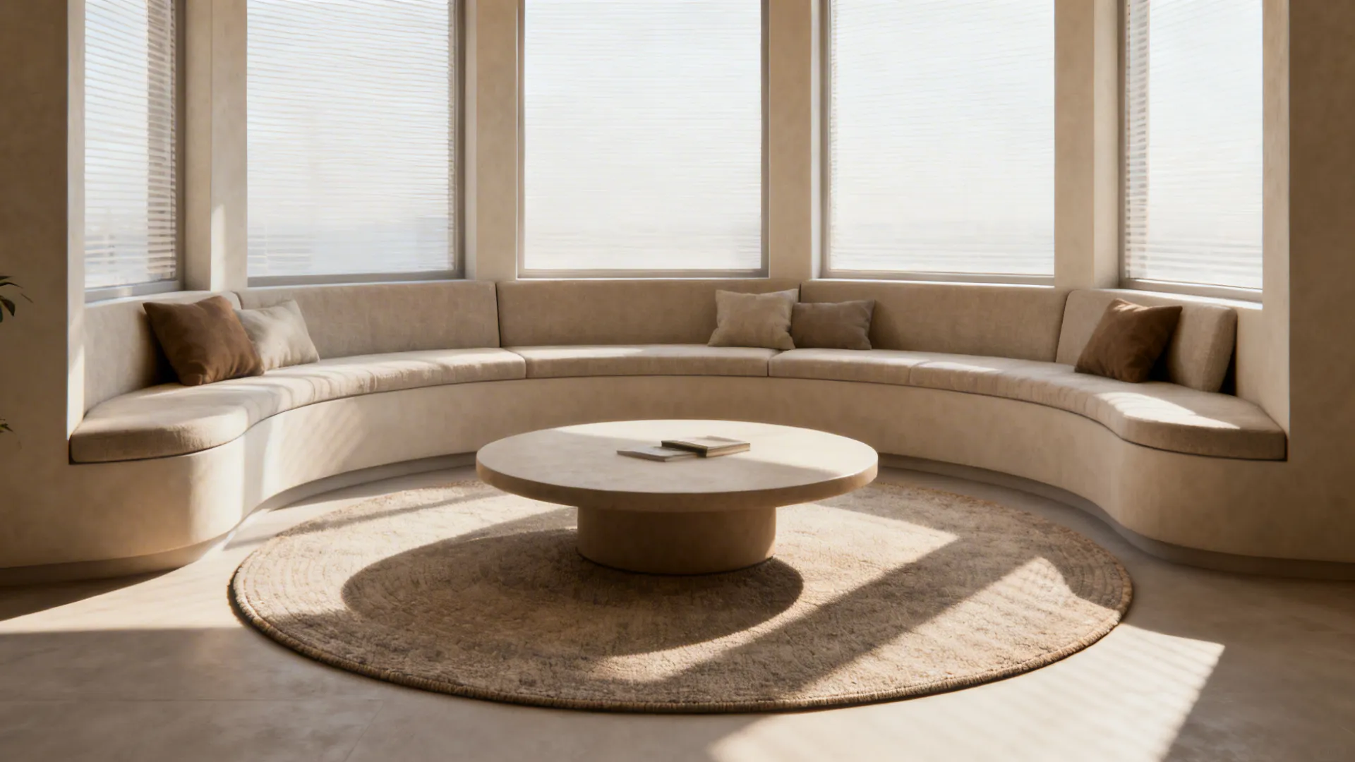 Bay window seating area with a round rug under a circular table, showing balanced floor spacing.
