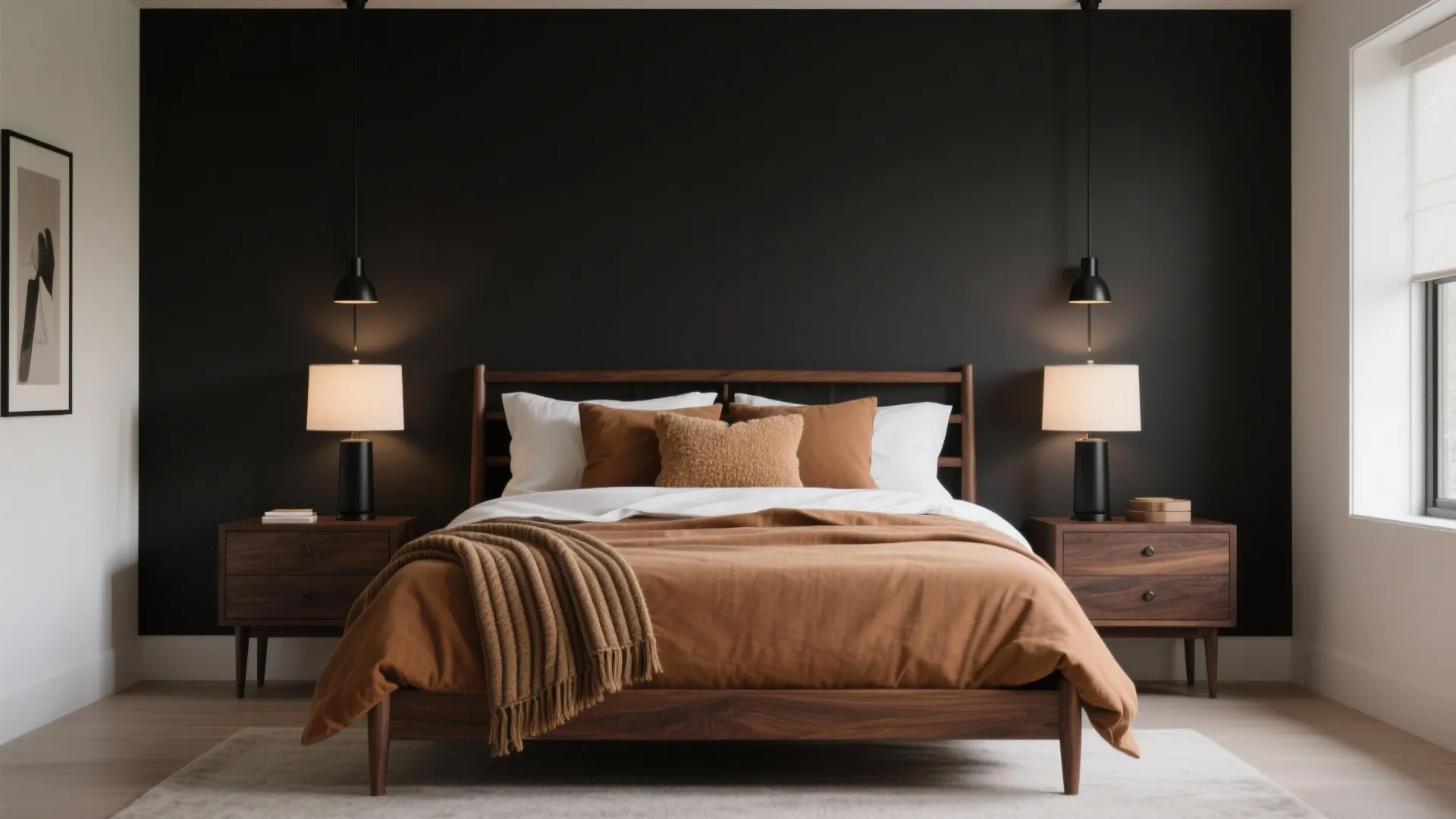 Modern bedroom with black wall wooden bed brown bedding two nightstands and two ceiling lights