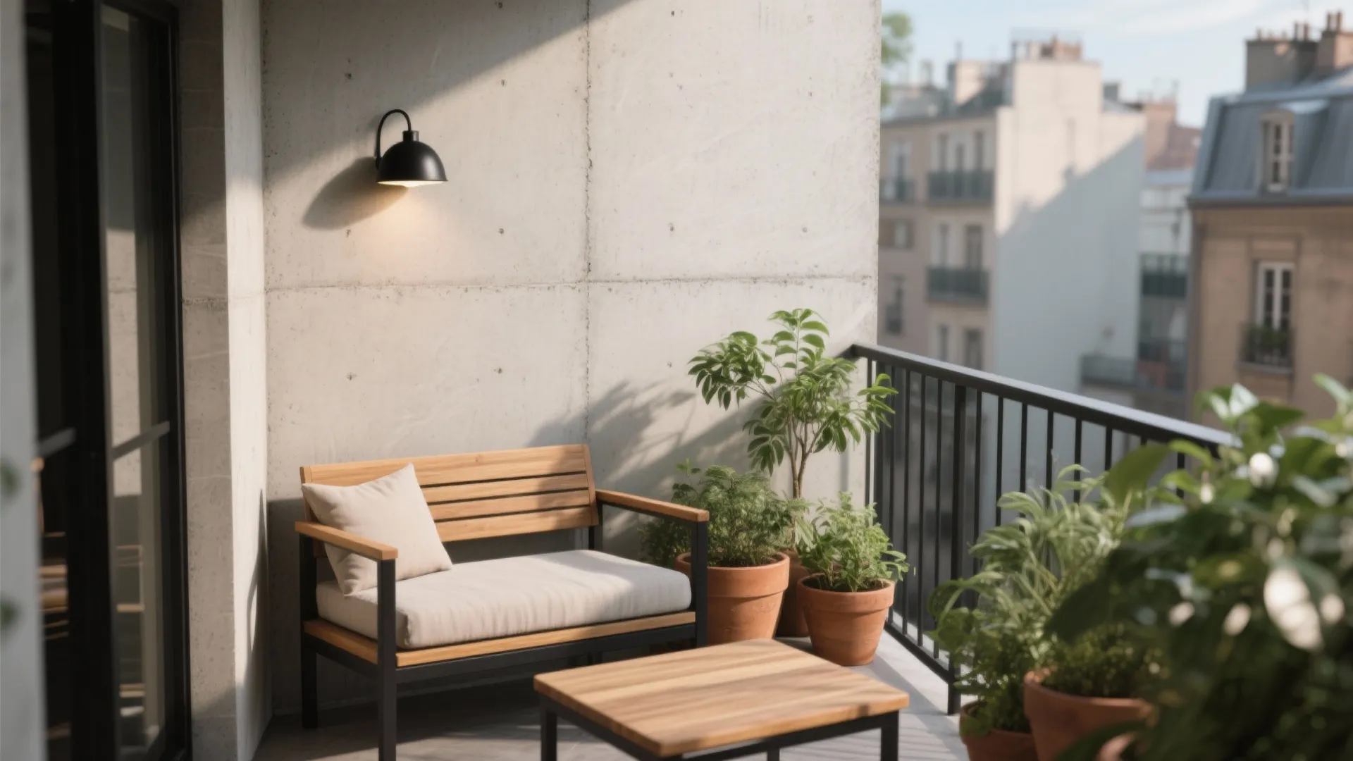 Modern balcony featuring a wooden sofa with white cushion black wall light and potted plants