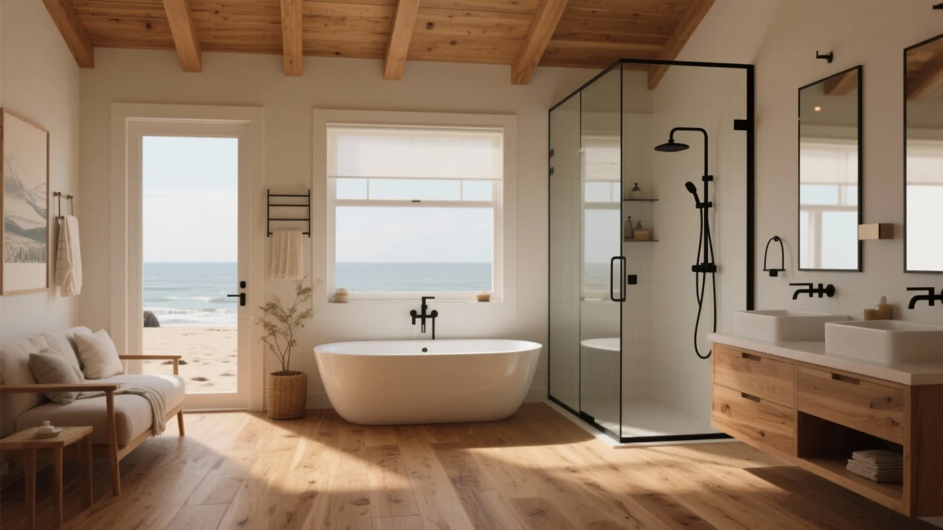 Modern bathroom with white bathtub glass shower wooden floor and large window overlooking the beach