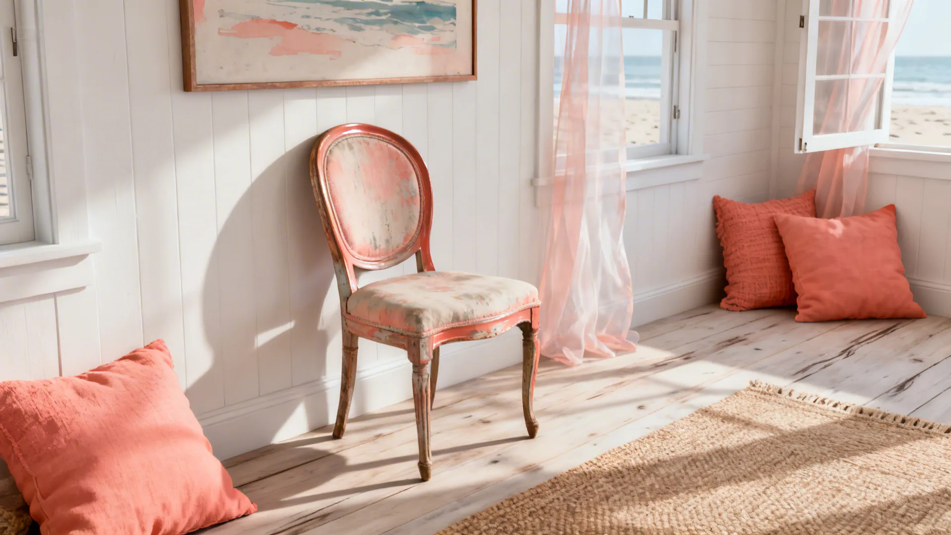 Styled beach cottage vignette with a vintage chair and framed artwork, showing personality without clutter.