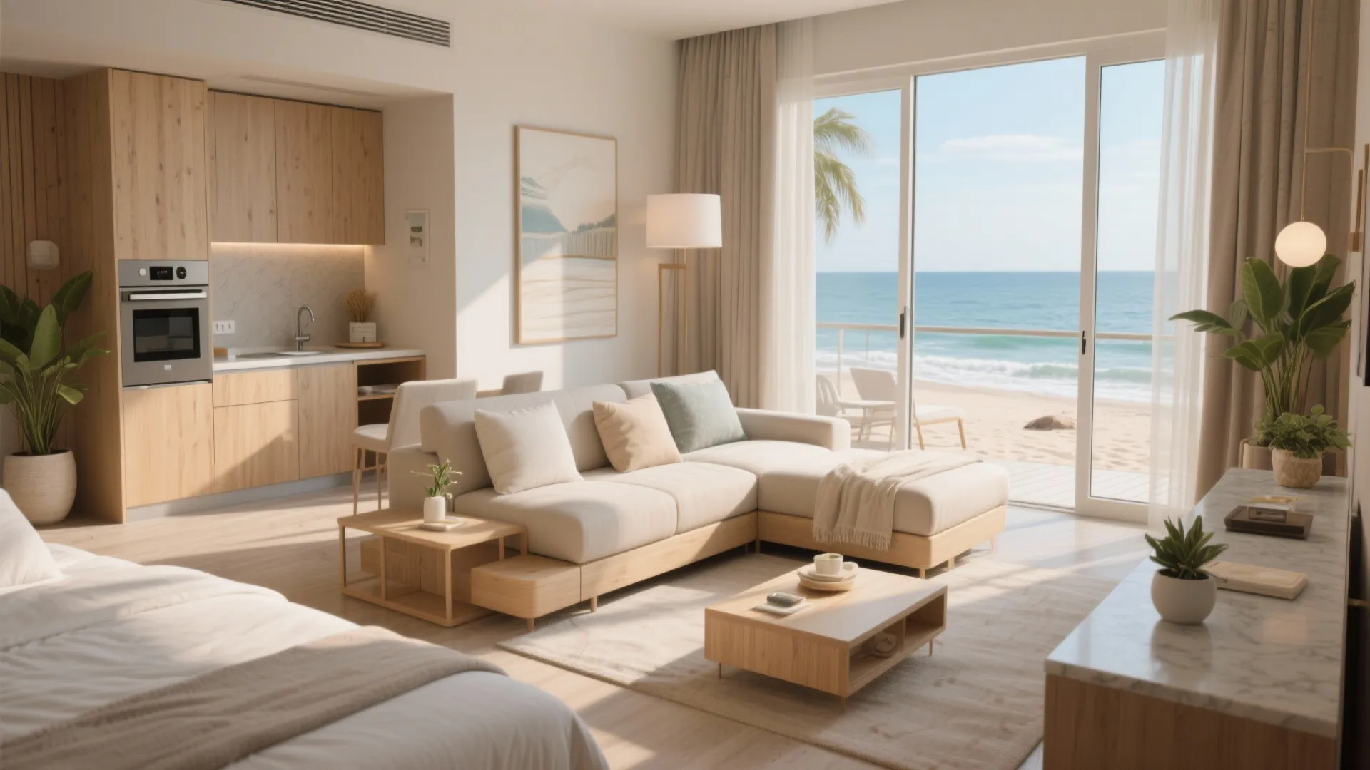 Modern hotel suite with sofa wooden furniture and large windows showing a sunny beach view