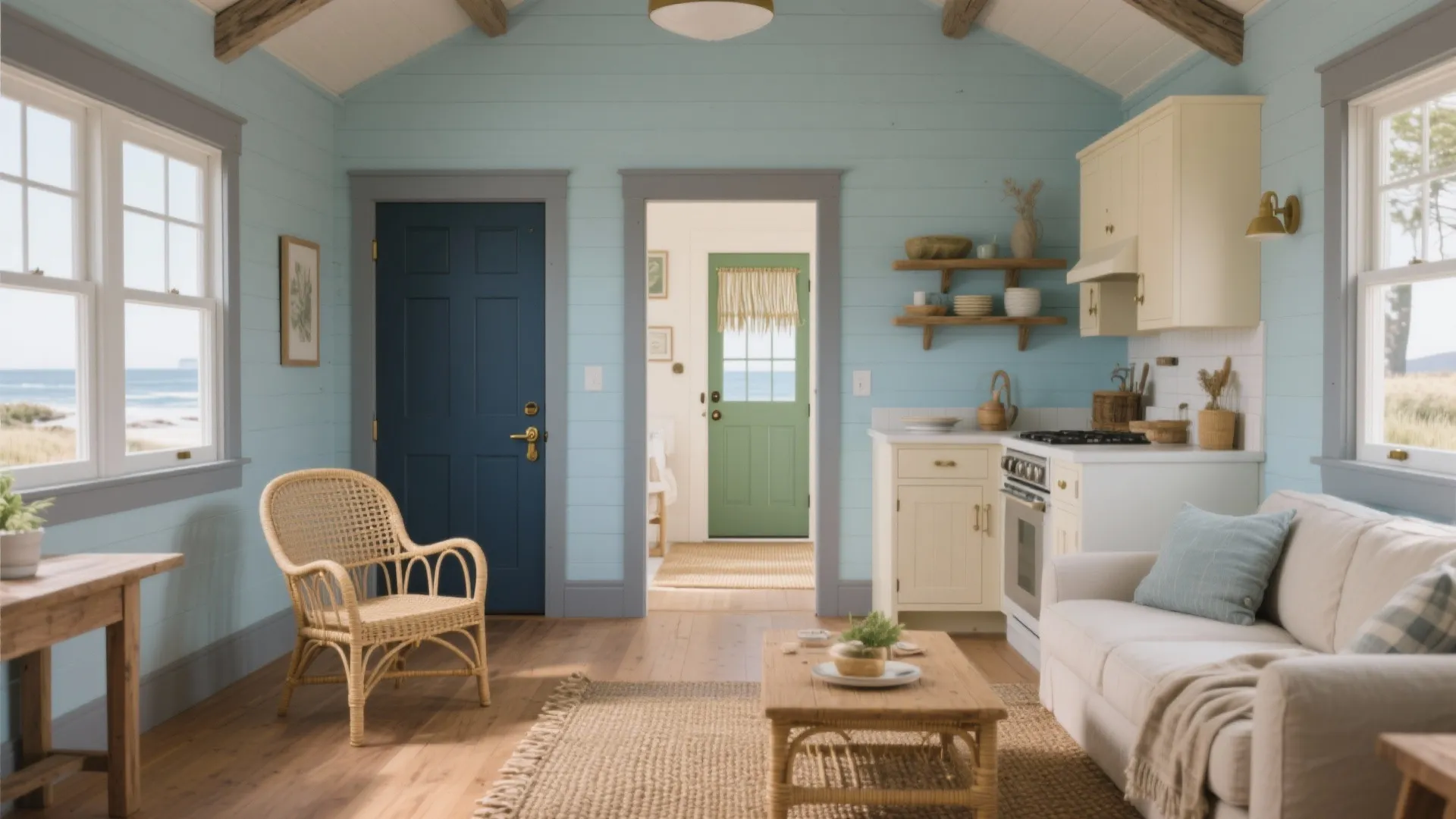 Coastal living room with light blue walls white sofa wicker chair and open kitchen with view