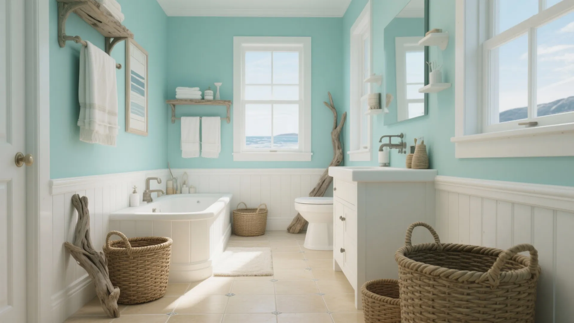 Bright beach style bathroom with blue walls white wall panels wooden baskets and natural light