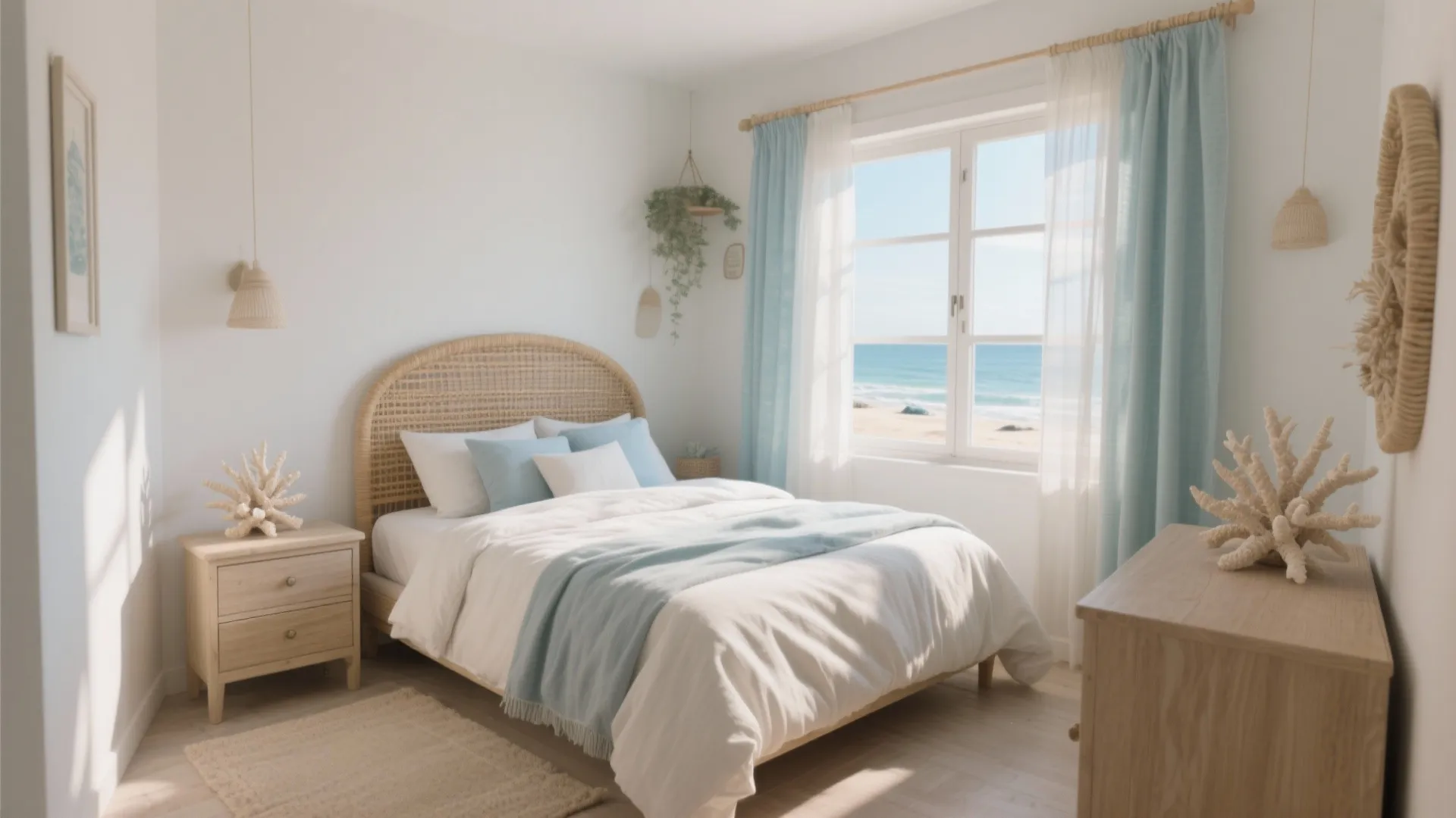 Beachy bedroom with light blue curtains wooden bed frame ocean view window and coral decor