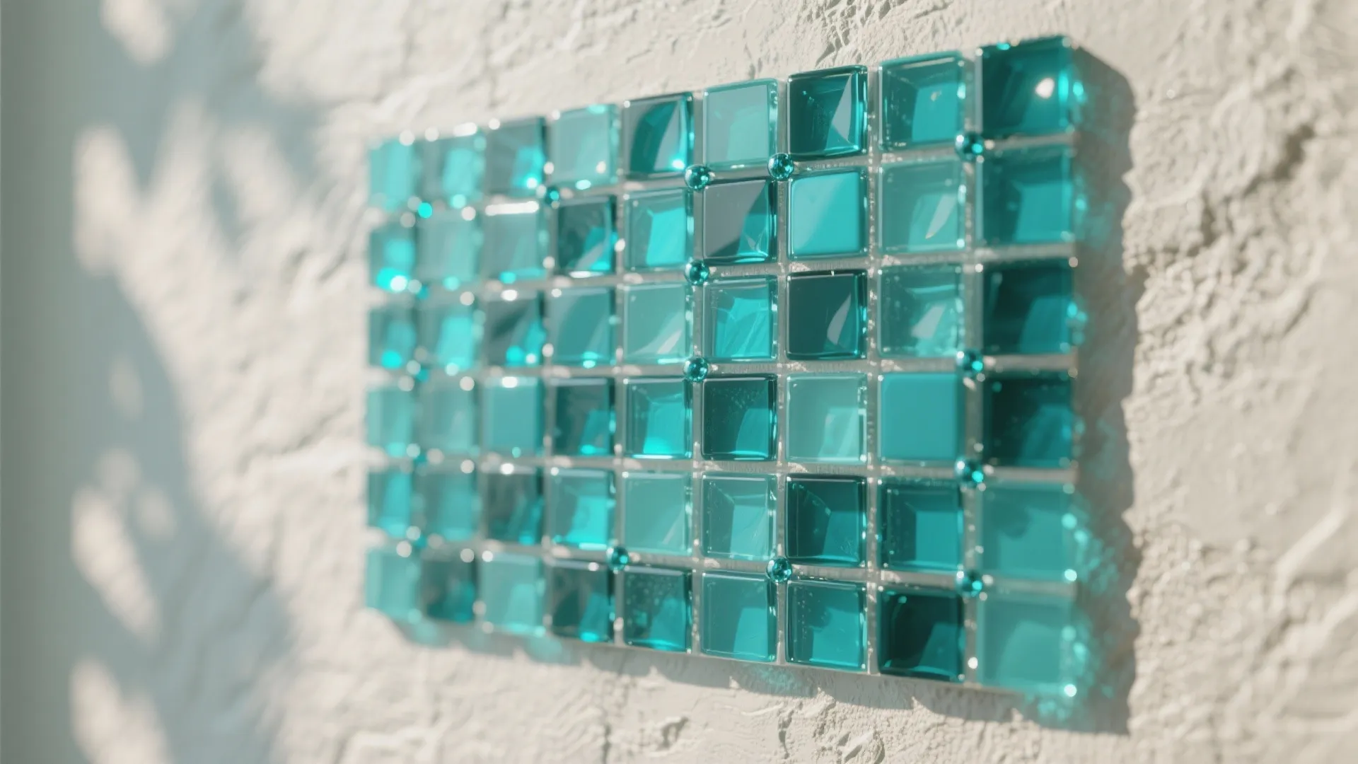Close-up of a teal colored glass bead tile accent wall showing texture and grout.