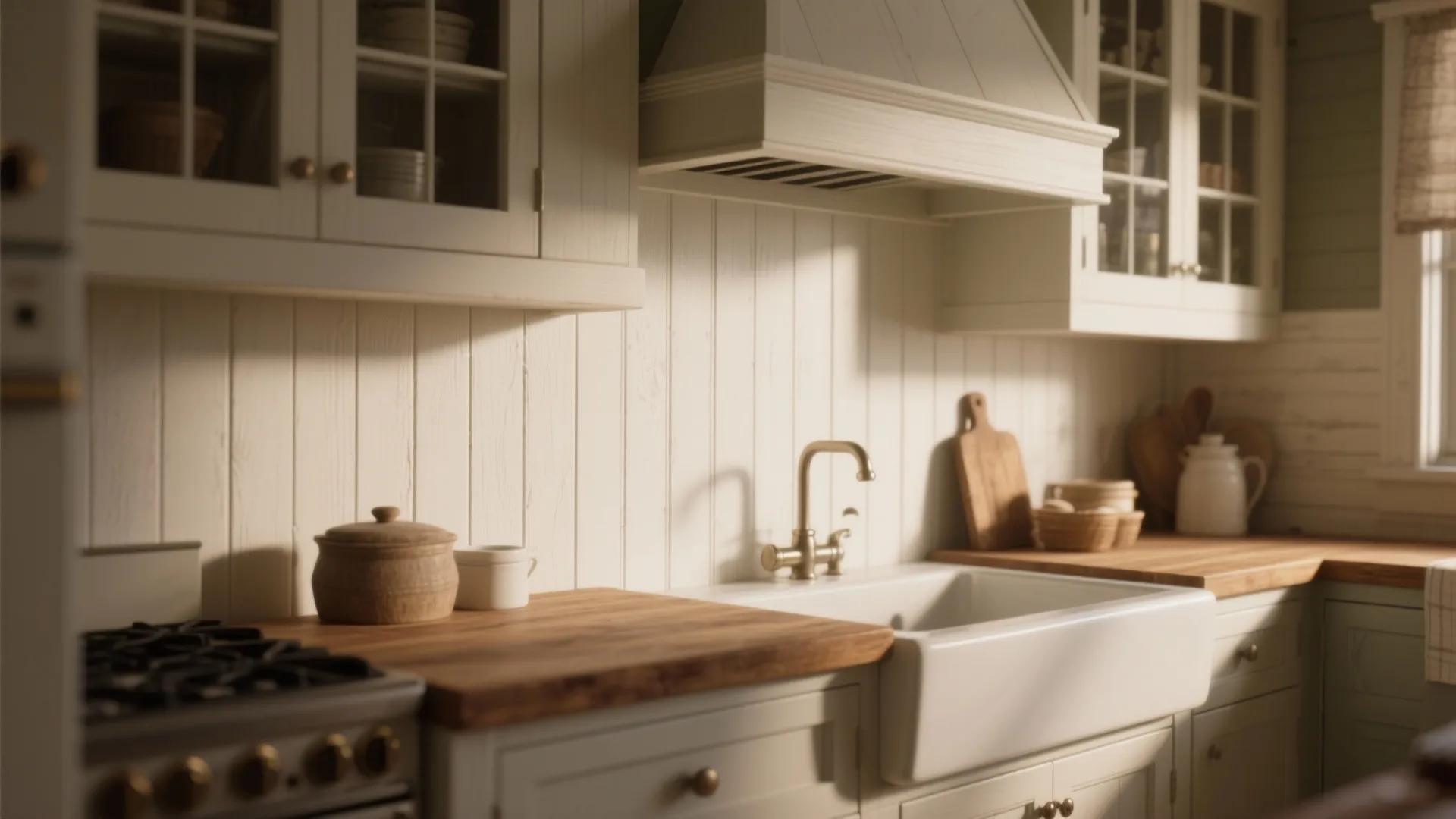 Classic kitchen with white wall panel white cabinets wood countertop white sink and gold faucet