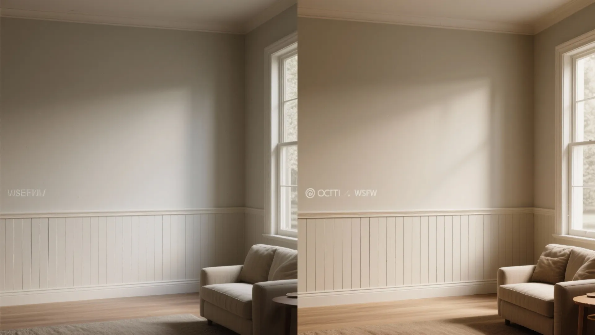 Before and after comparison of vertical white wall panel installation in a bright living room