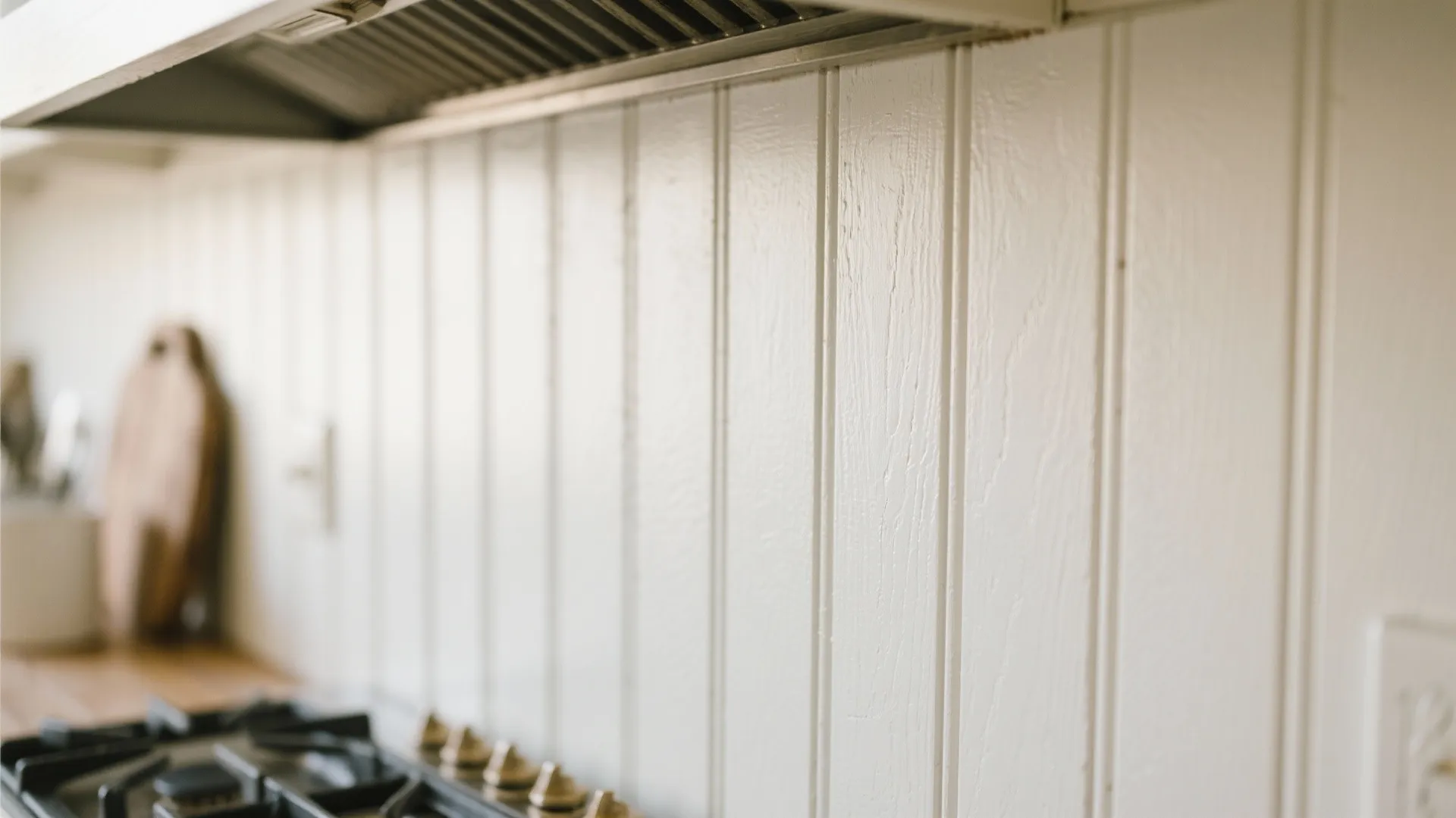 White painted beadboard kitchen backsplash with rustic texture