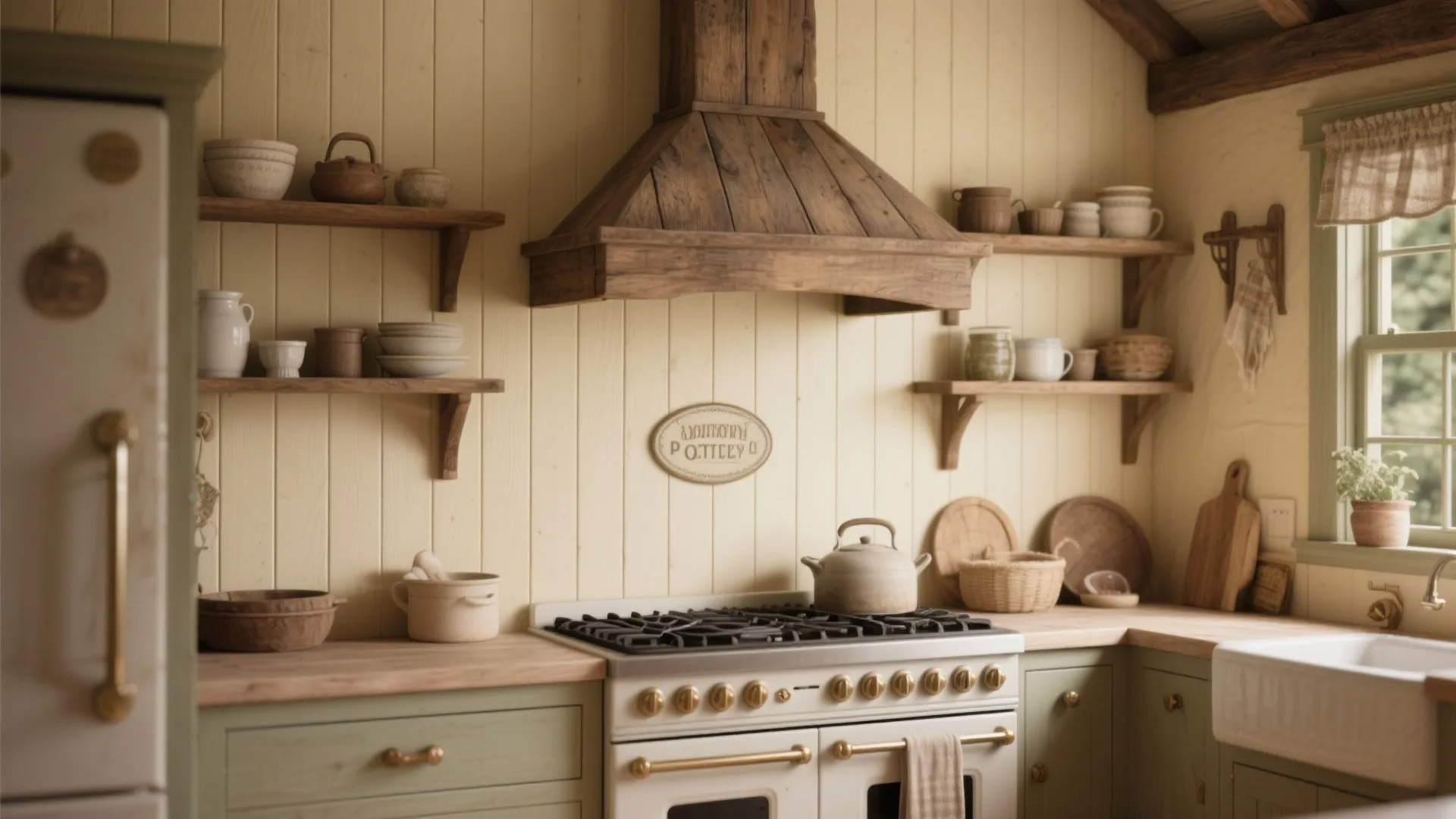 Country style kitchen featuring cream wall panel, wooden open shelves, white sink, and vintage stove