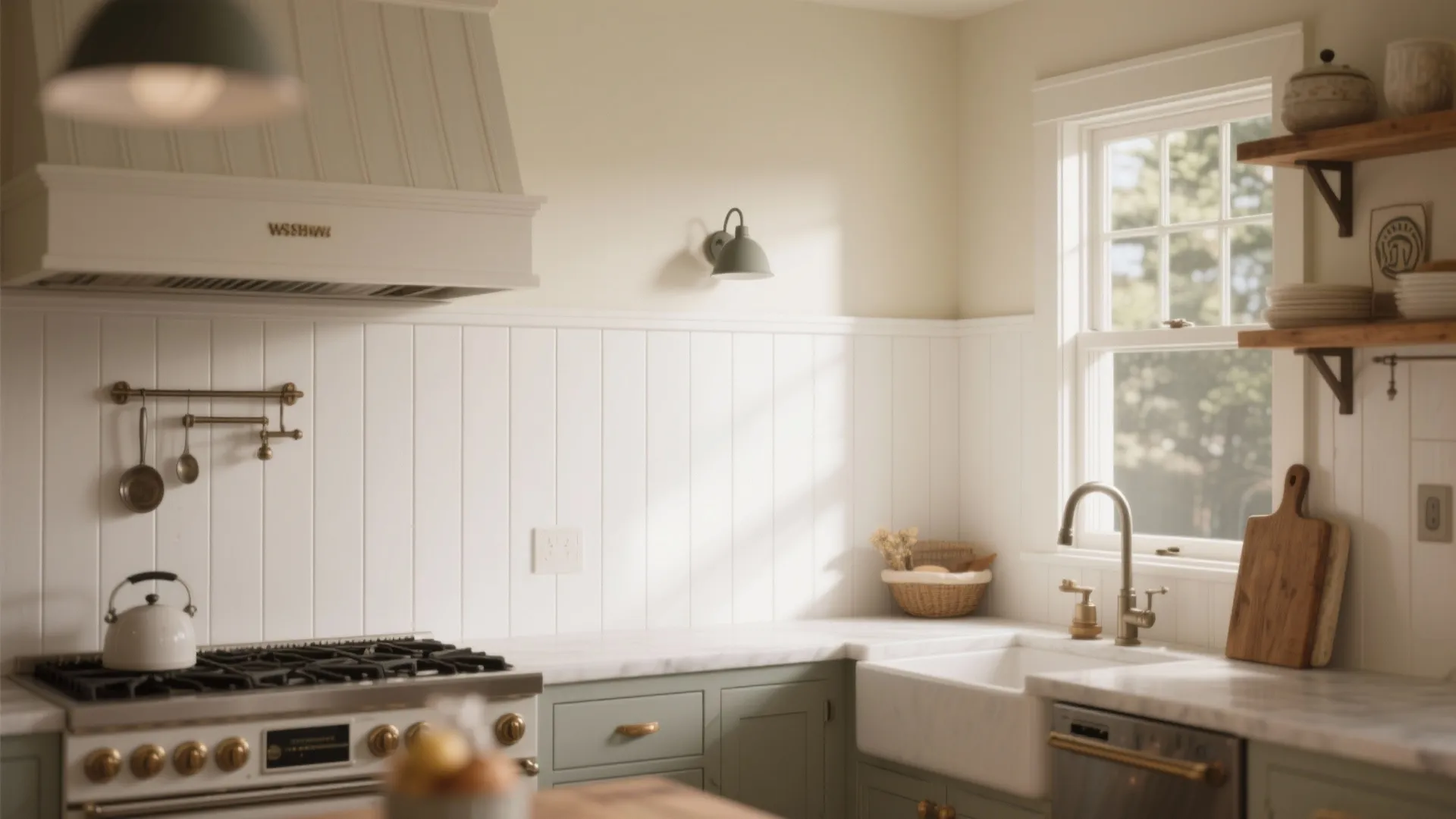 White painted beadboard backsplash in a cozy kitchen